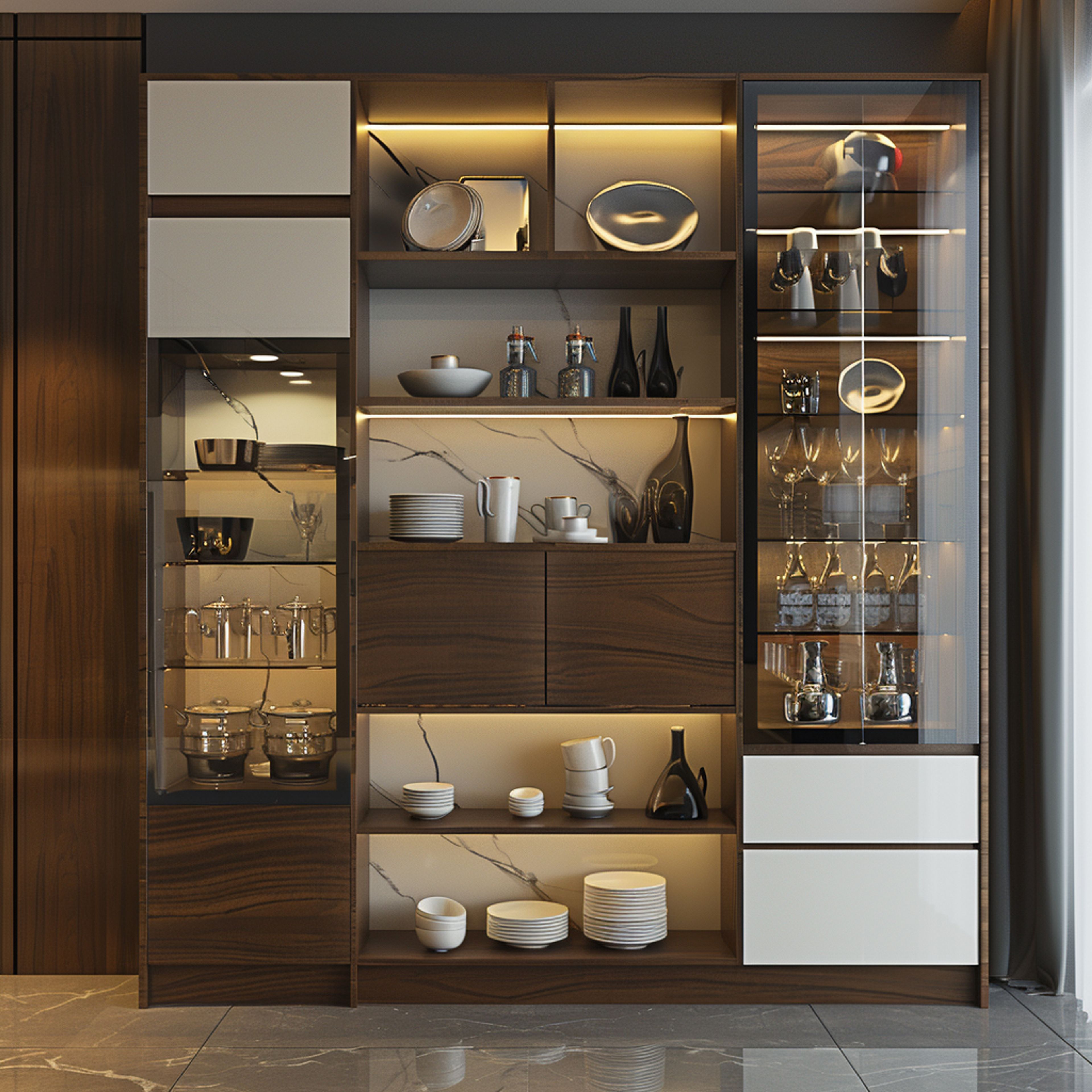 Cresent Acacia and Frosty White Modern Crockery Unit Design