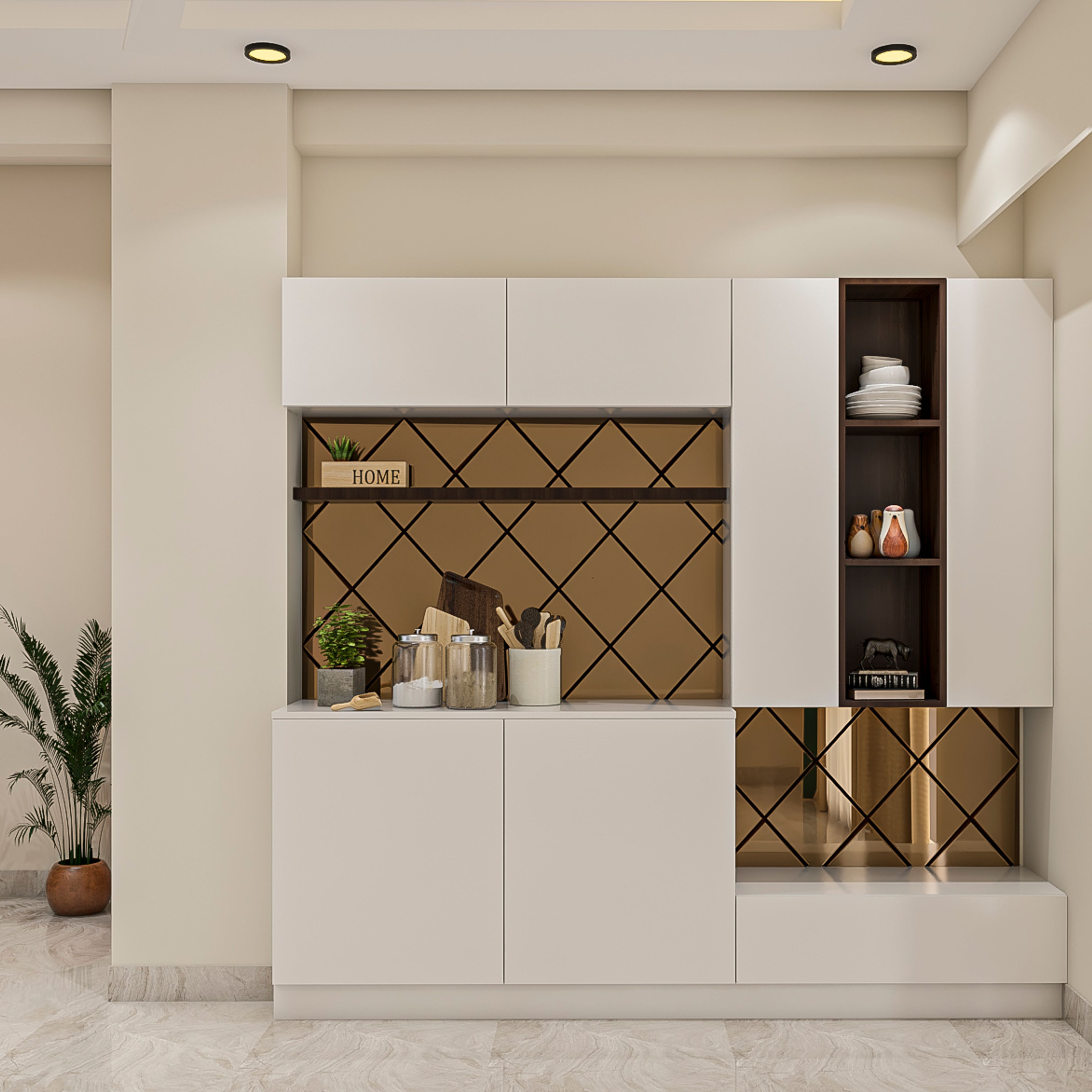 Contemporary Crockery Unit Design in Frosty White Colour