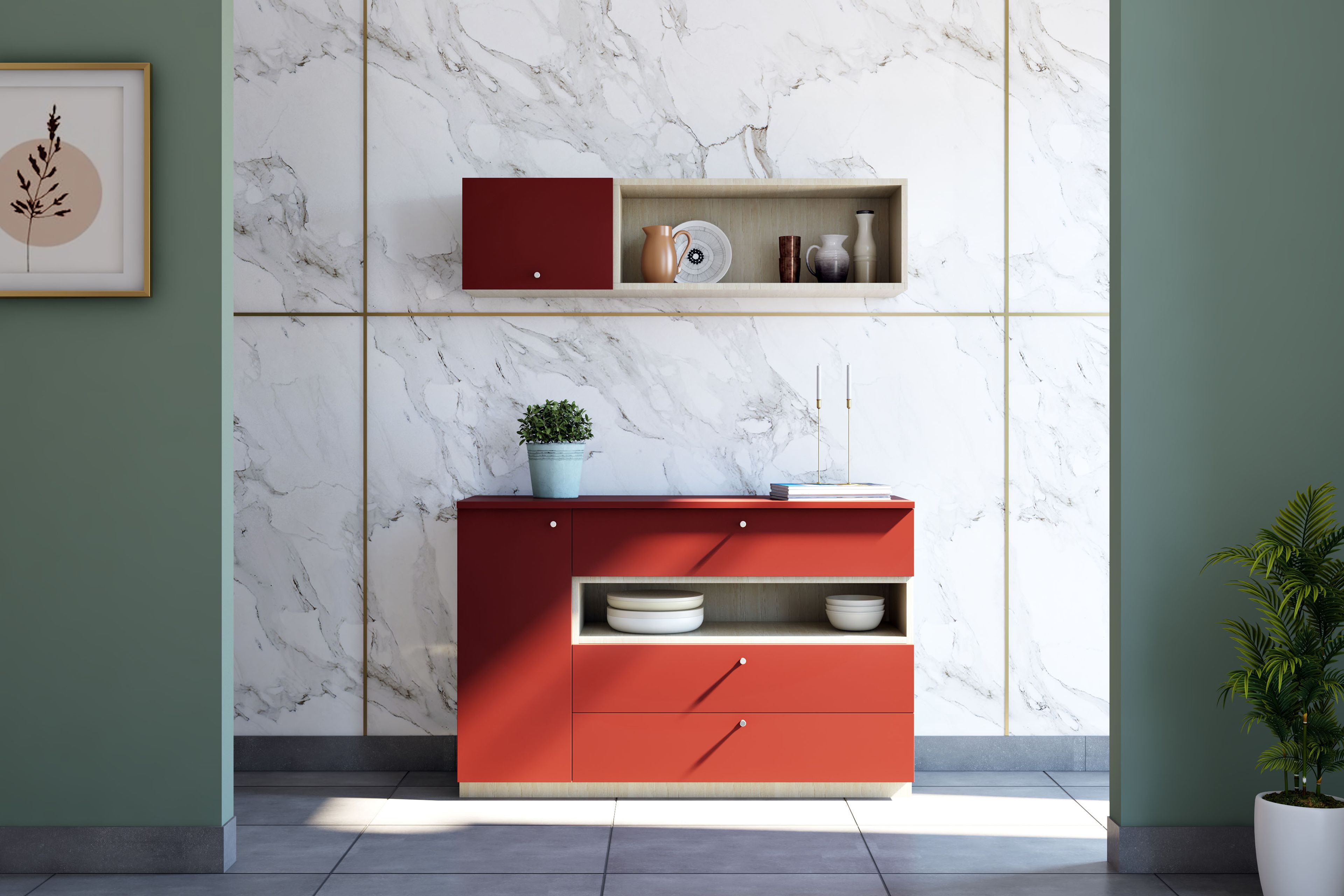 Crockery unit design with drawers and wall unit
