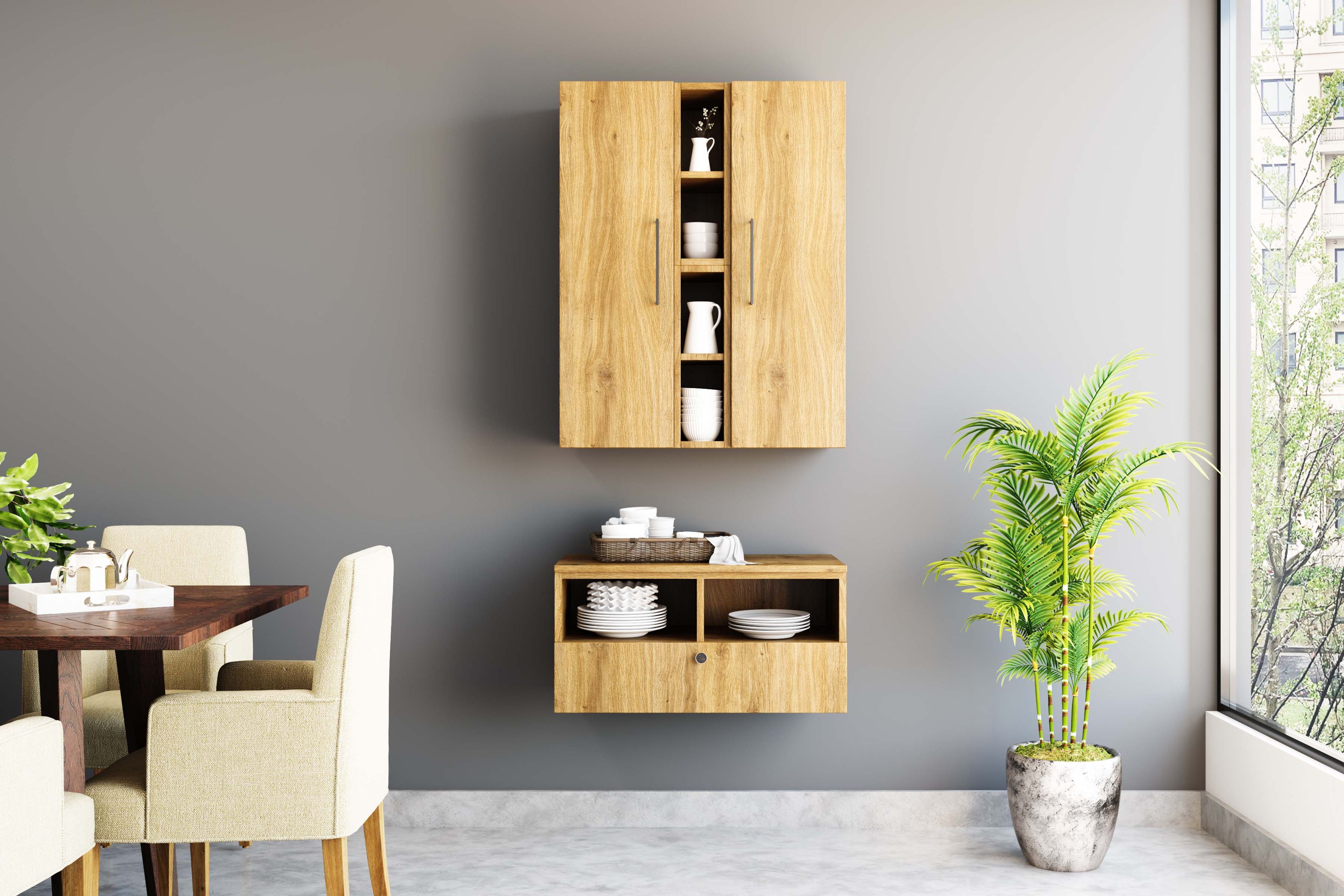 Crockery unit design with wall-hung storage