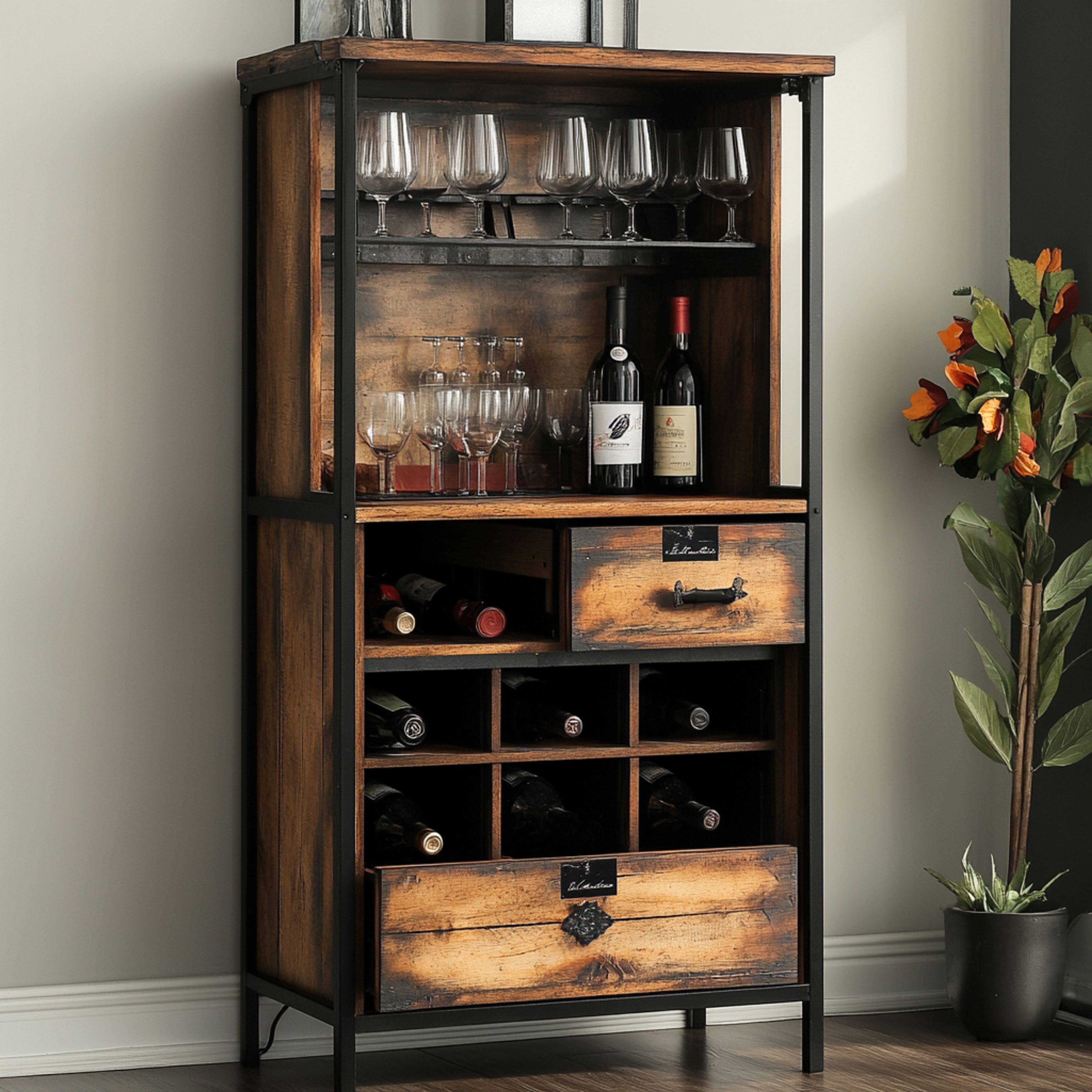 Industrial Home Bar Design with Open Shelving and Wine Rack