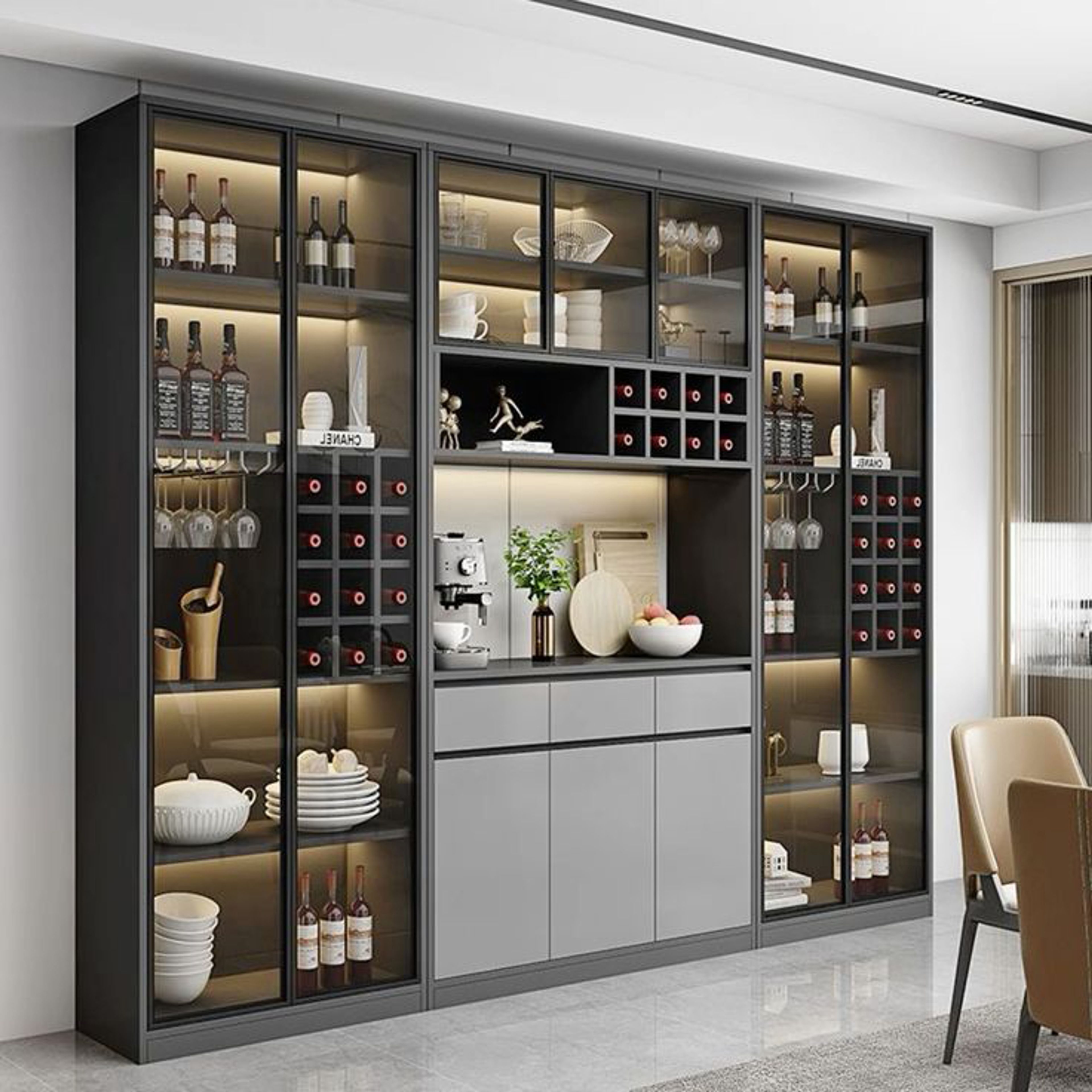 Contemporary Home Bar Design with Open and Closed Shelves