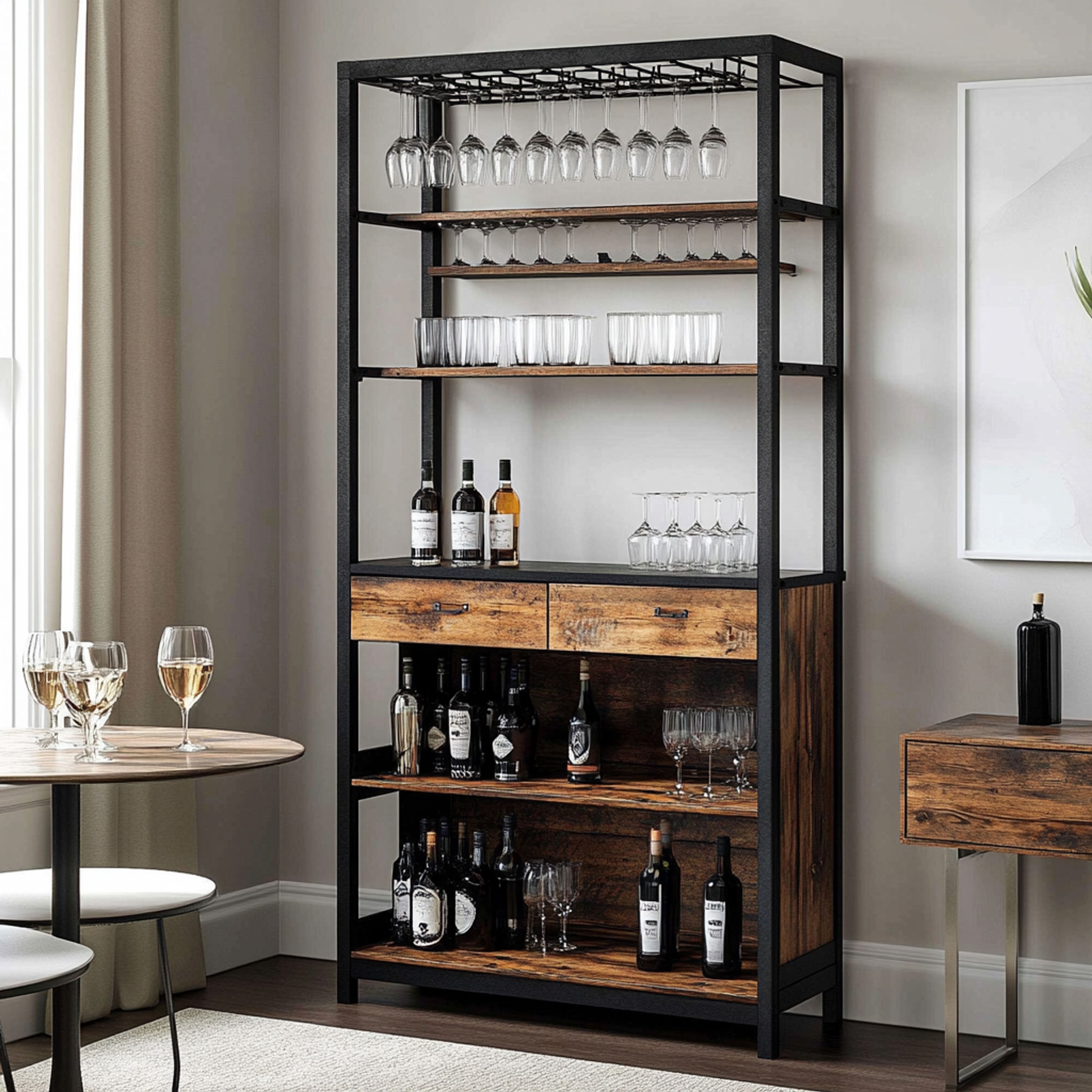 Industrial Home Bar Design with Open Shelving and Drawers