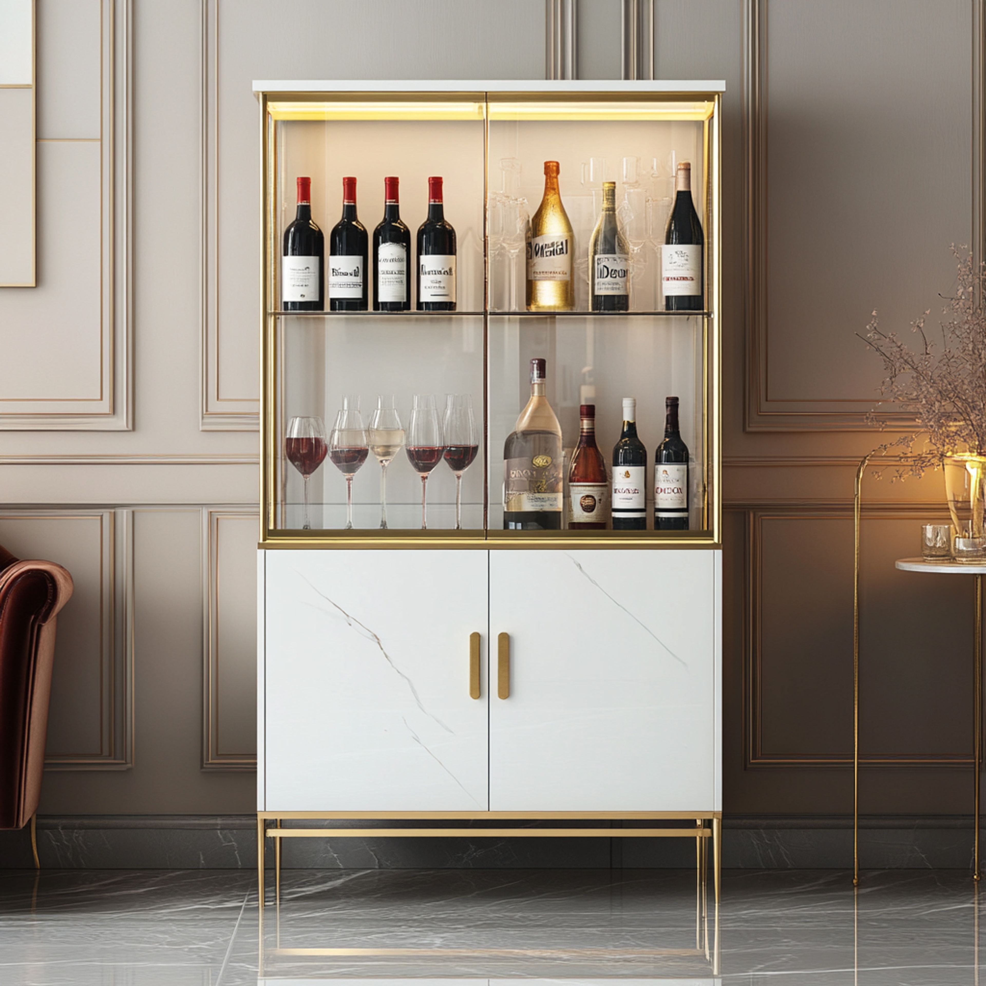 Modern Home Bar Design with Gold Accents and Glass Doors