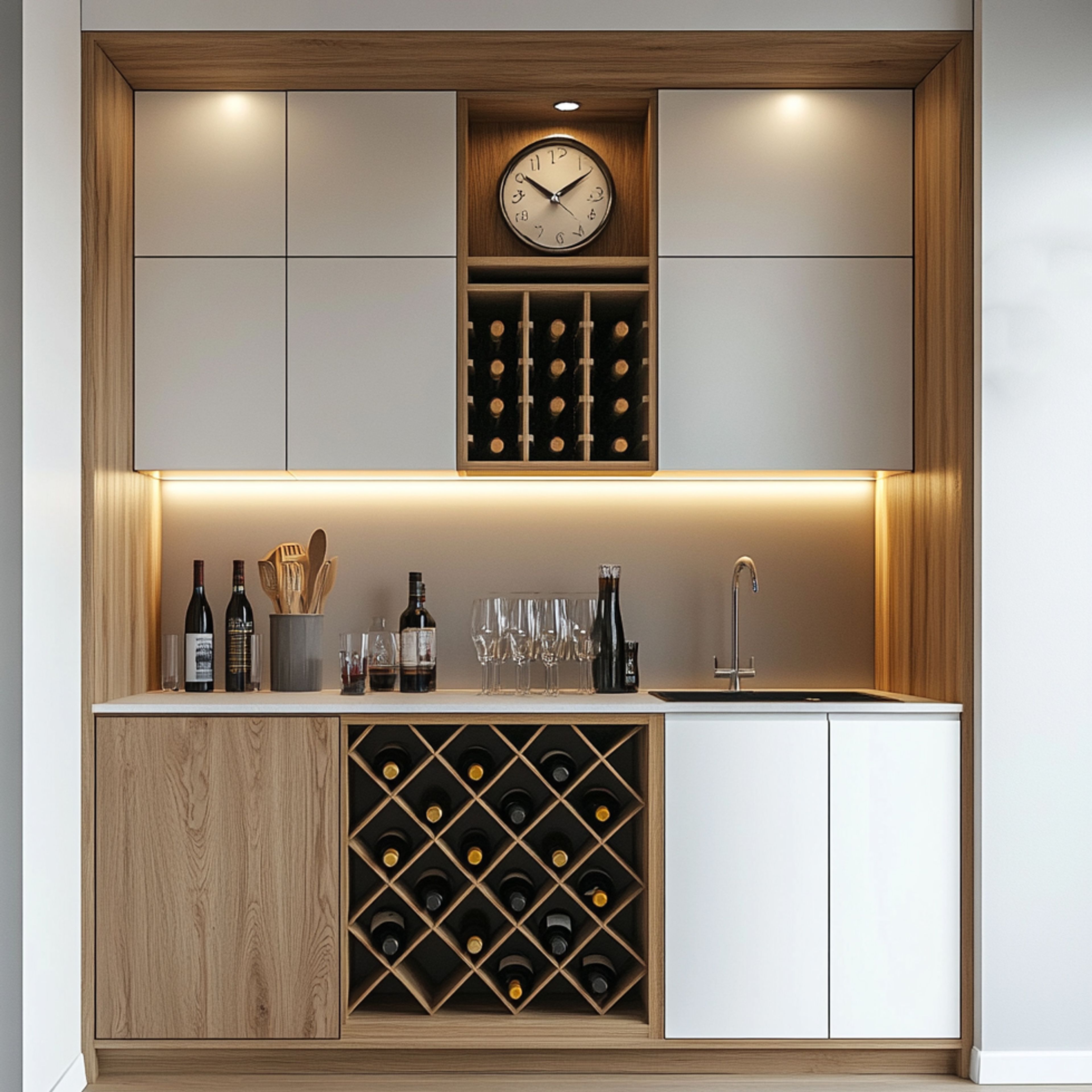 Off-White Modern Home Bar Design with Practical Storage
