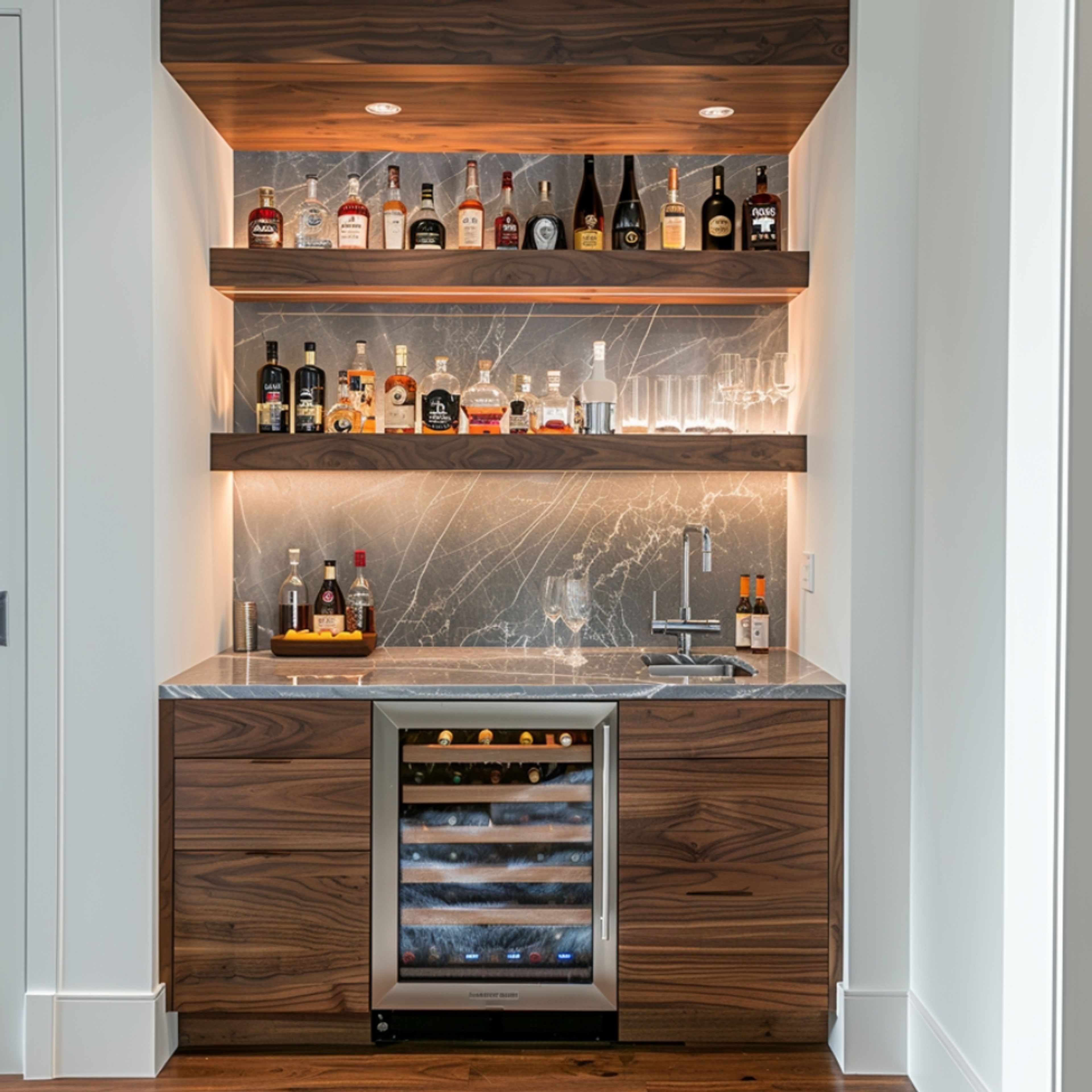 Sleek Modern Home Bar Design with Open Wall Shelves