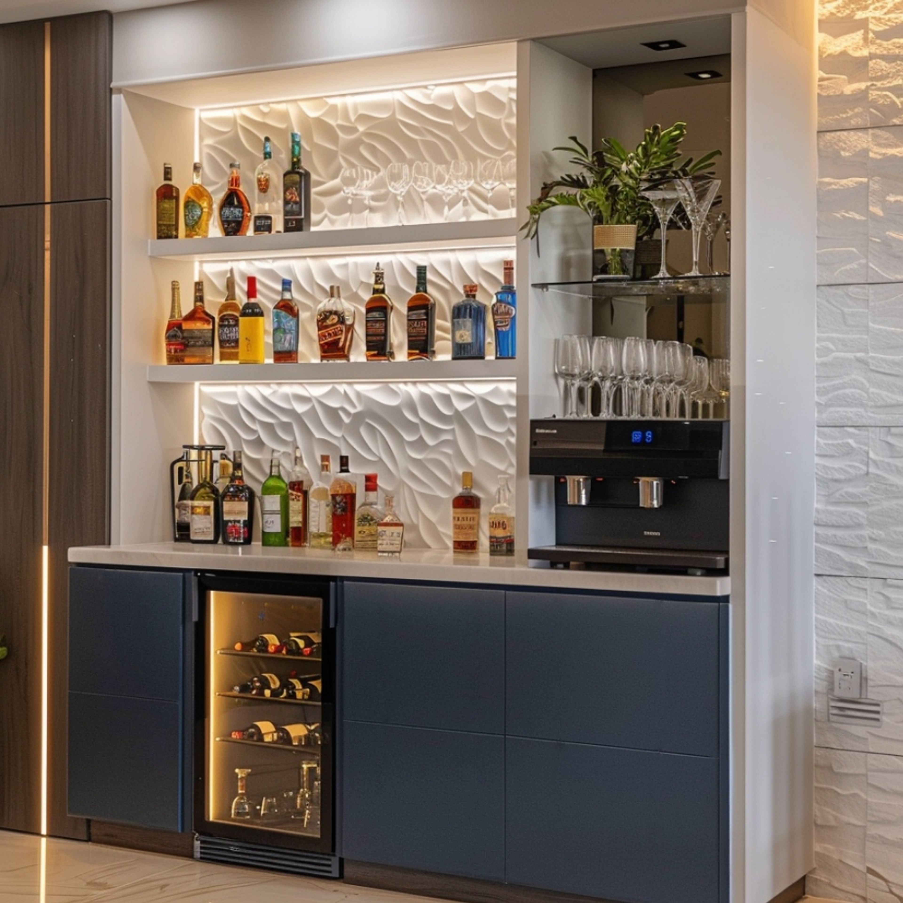 Trooper Blue and Frosty White Modern Home Bar Design