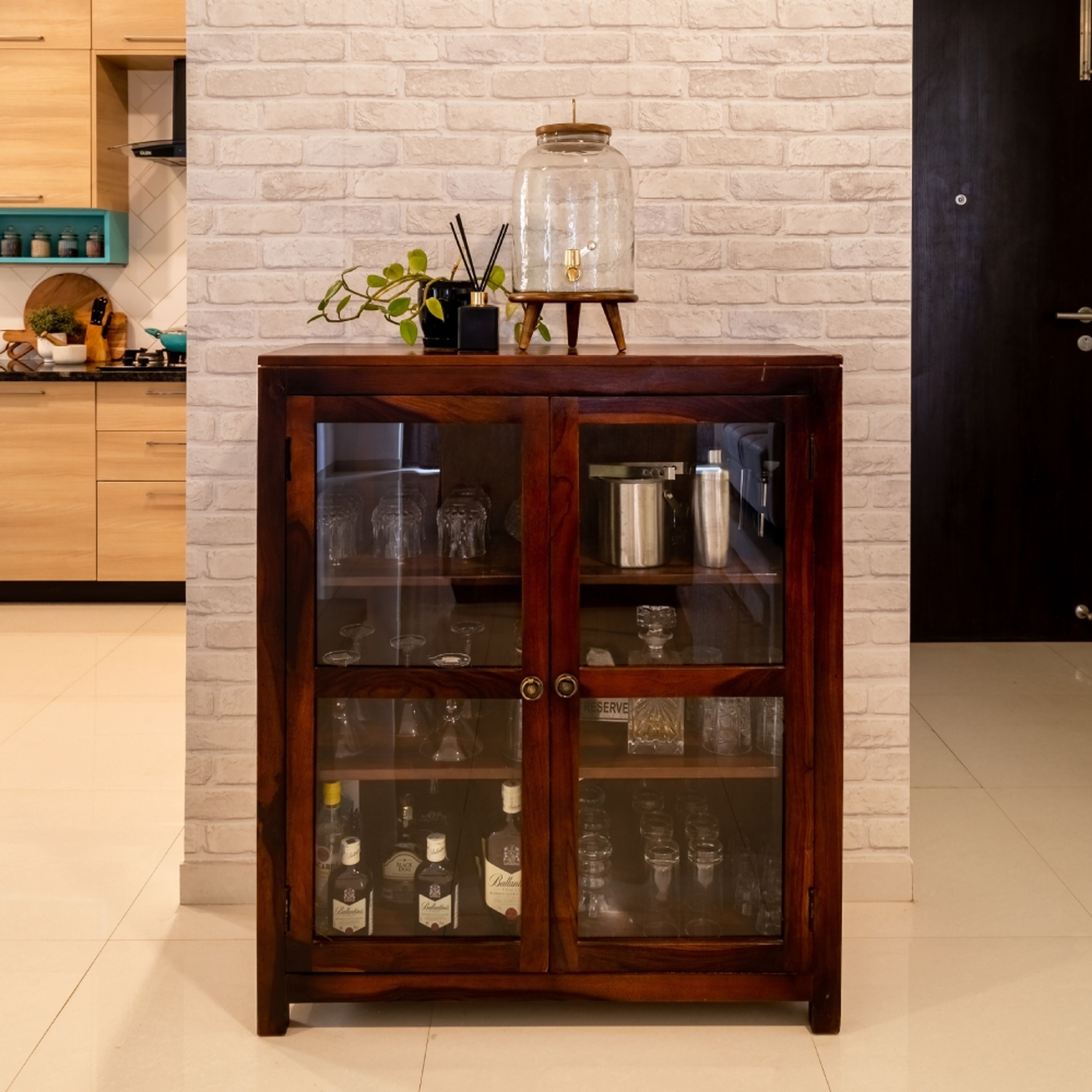 Mid-Century Modern Home Bar Unit Design with Glass Shutter Storage