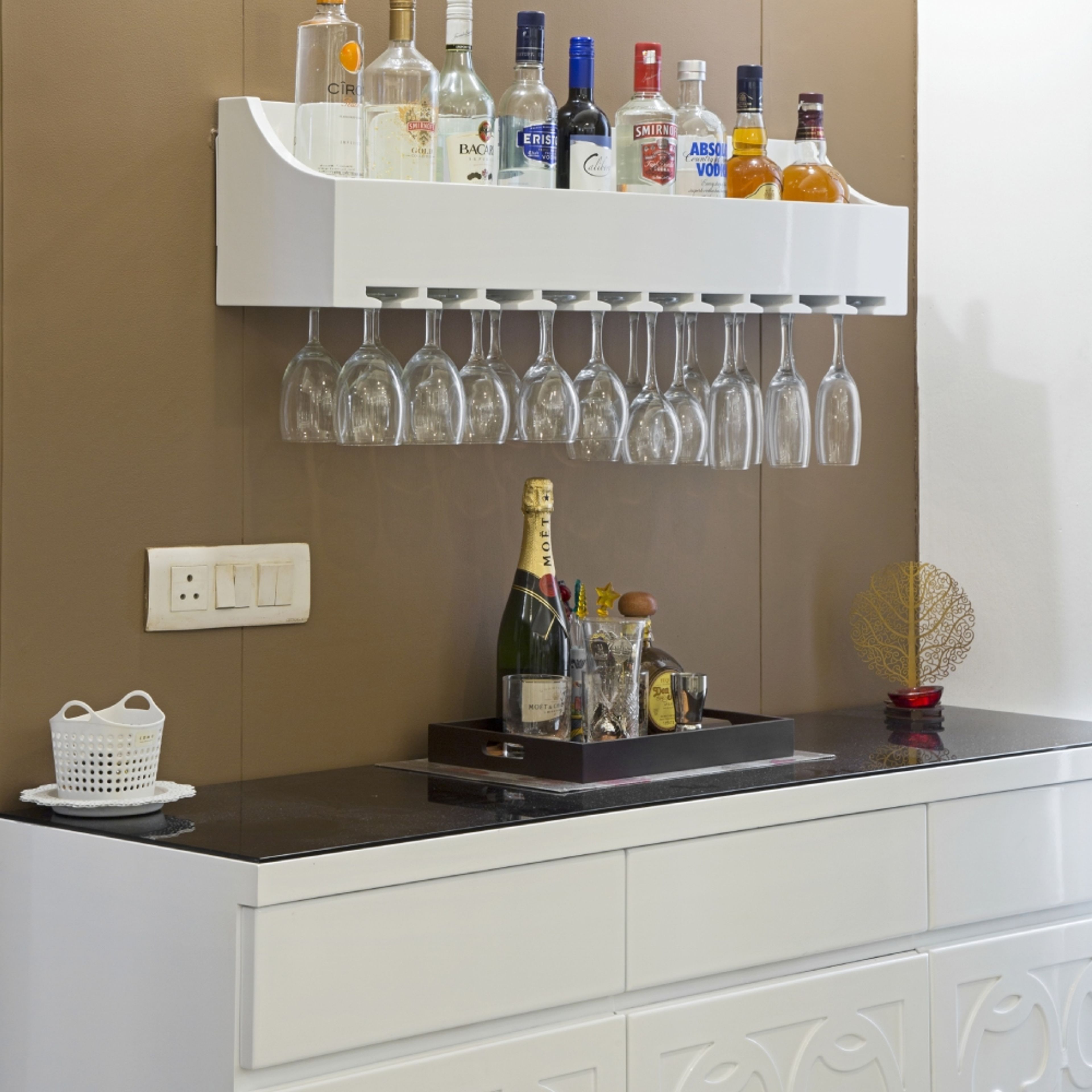 Modern White Home Bar Design with Open Shelf