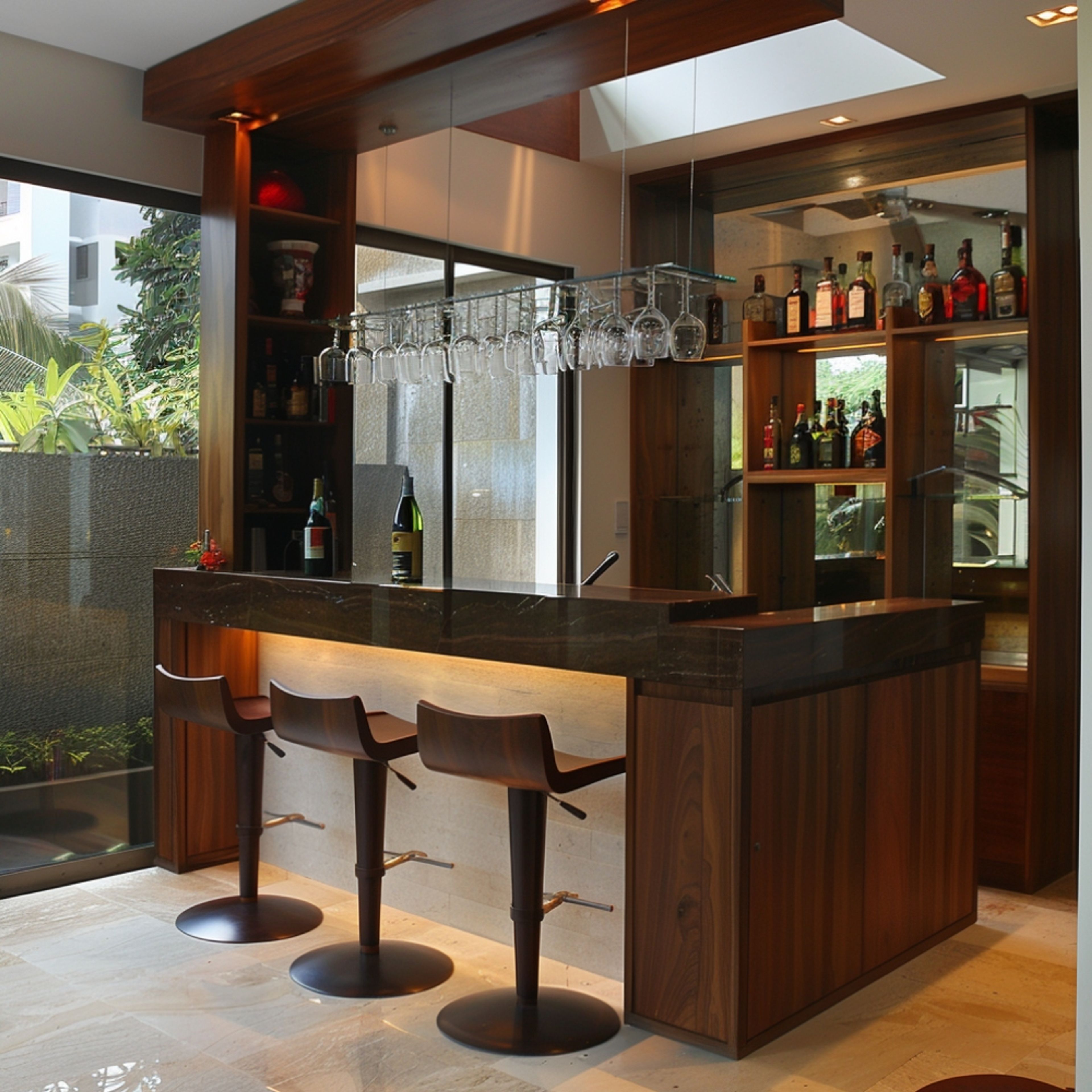 Chic Modern Home Bar Design with Glossy Walnut Bronze Units