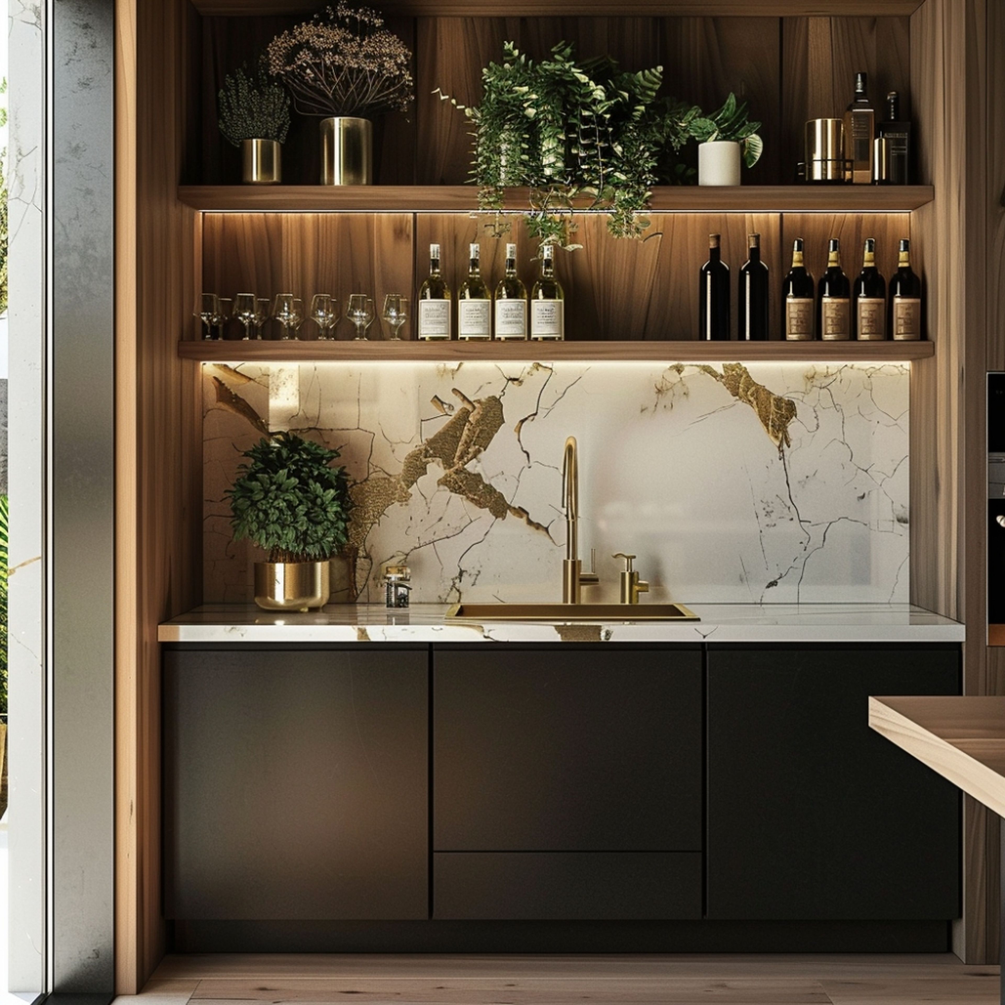 Contemporary Home Bar Design with Slate and Walnut Bronze Units