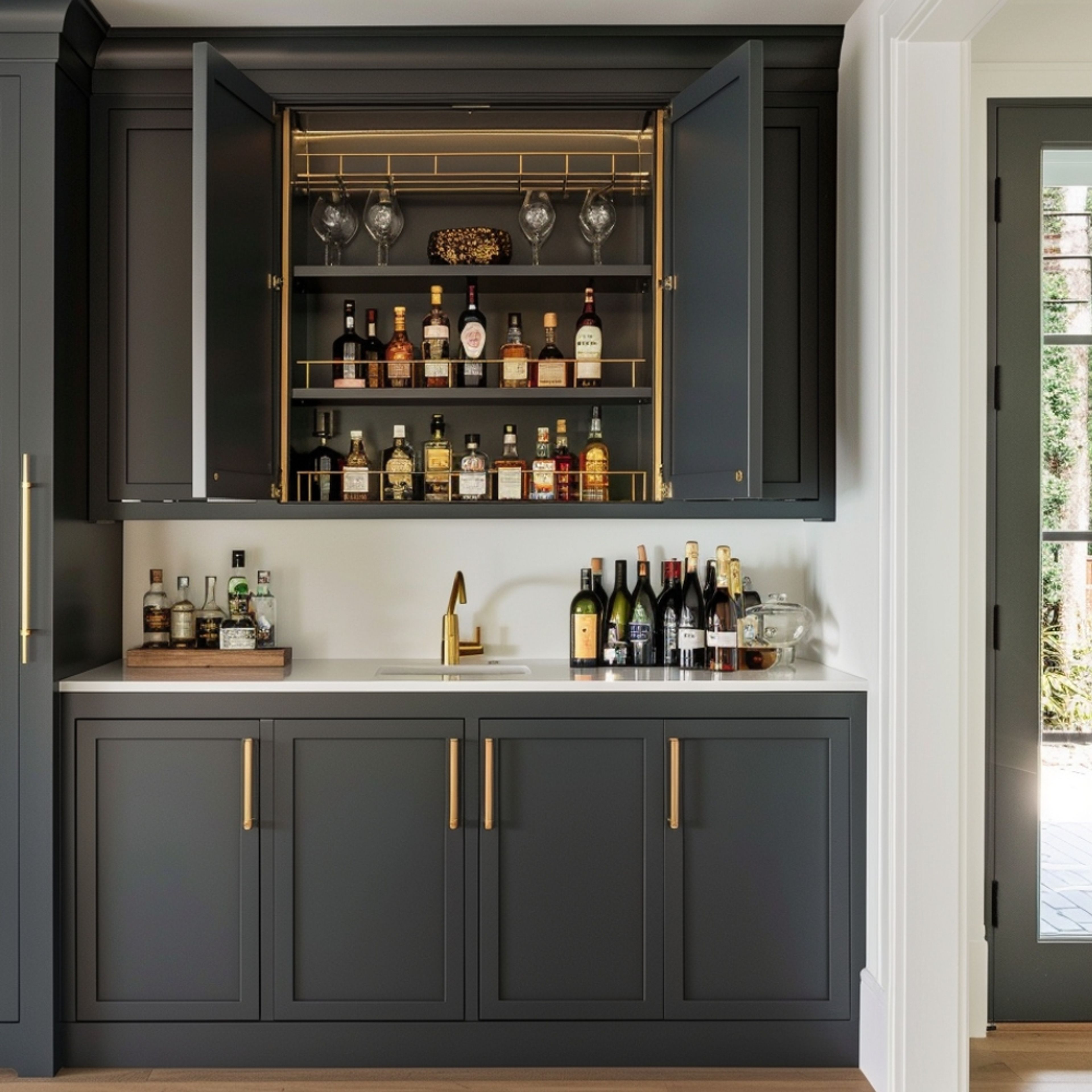 Classic Home Bar Design in Grey Colour and Suede Finish