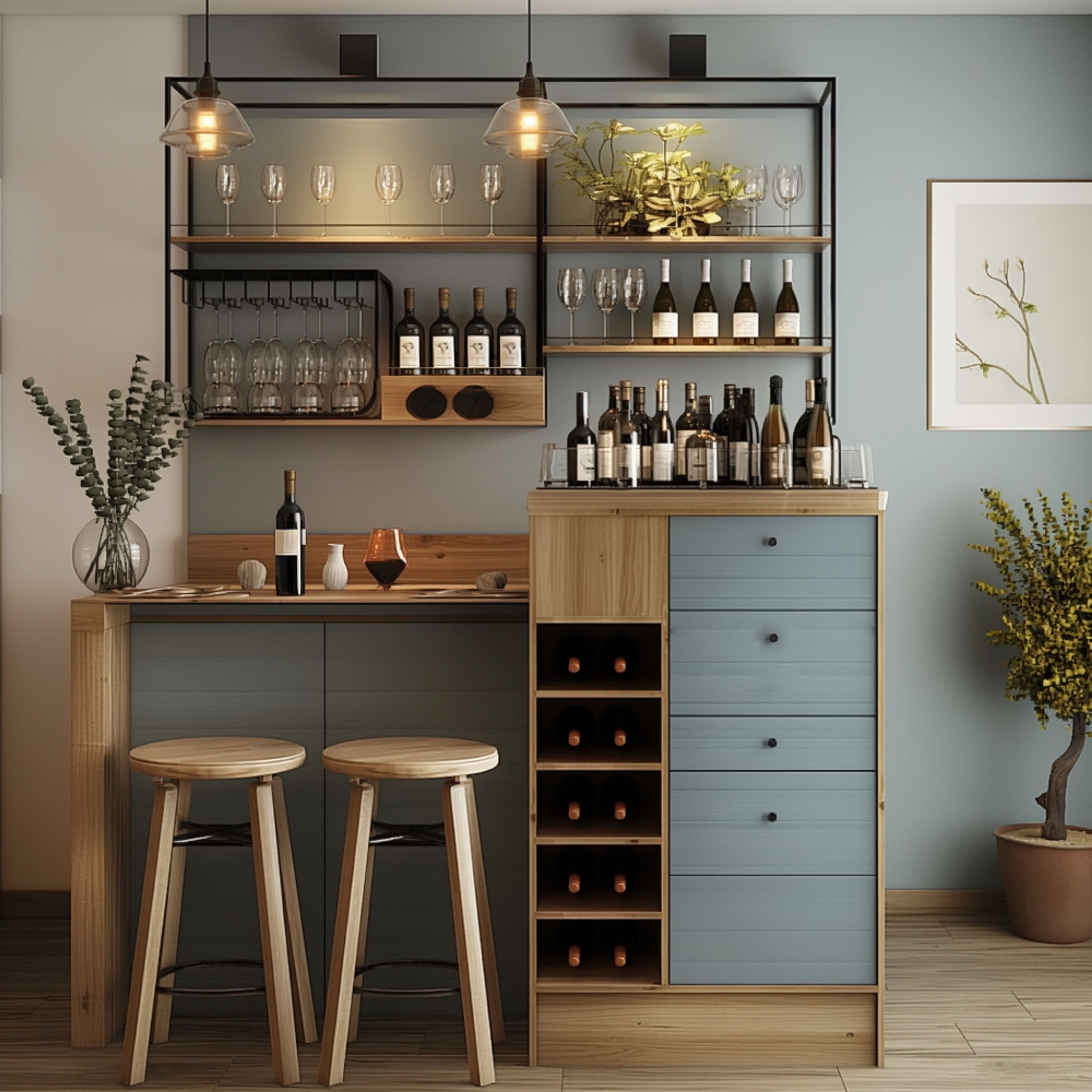 Industrial Home Bar Design with Mini Bar Unit and Open Racks