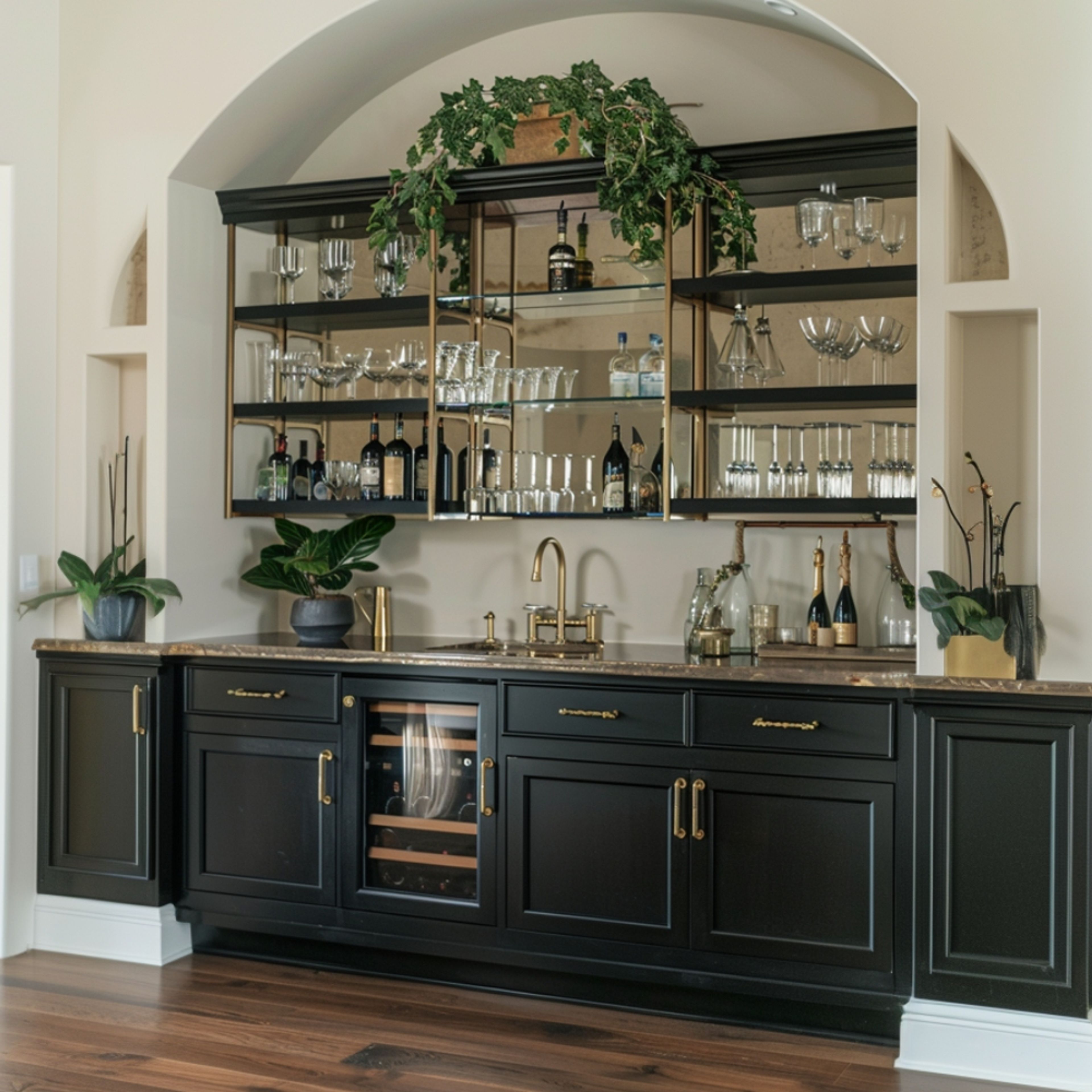 Classic Home Bar Design with Wine Cooler and Open Wall Shelves