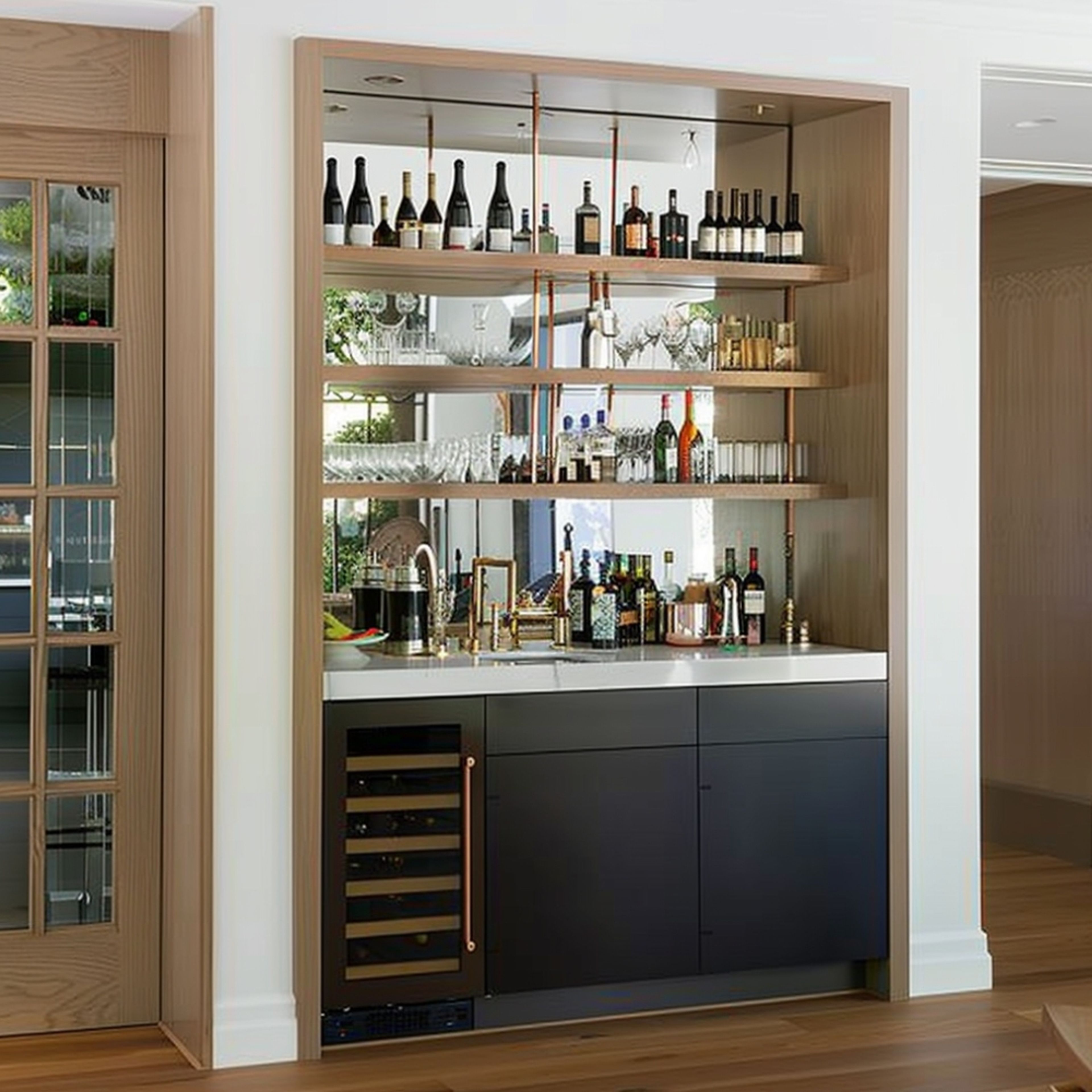 Modern Home Bar Design with Wine Cooler and Open Wall Shelves