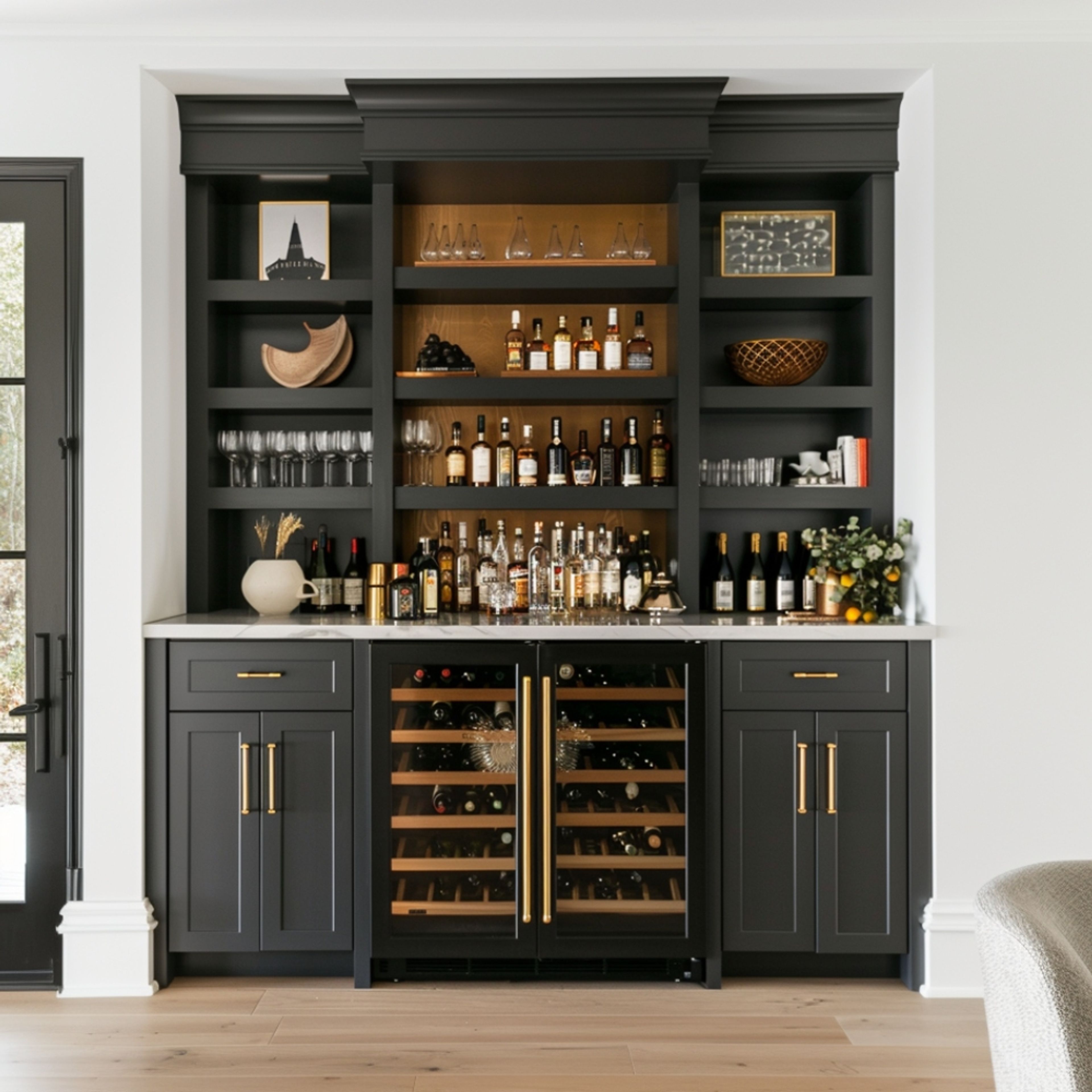 Classic Grey Home Bar Design with Wine Cooler and Open Shelves