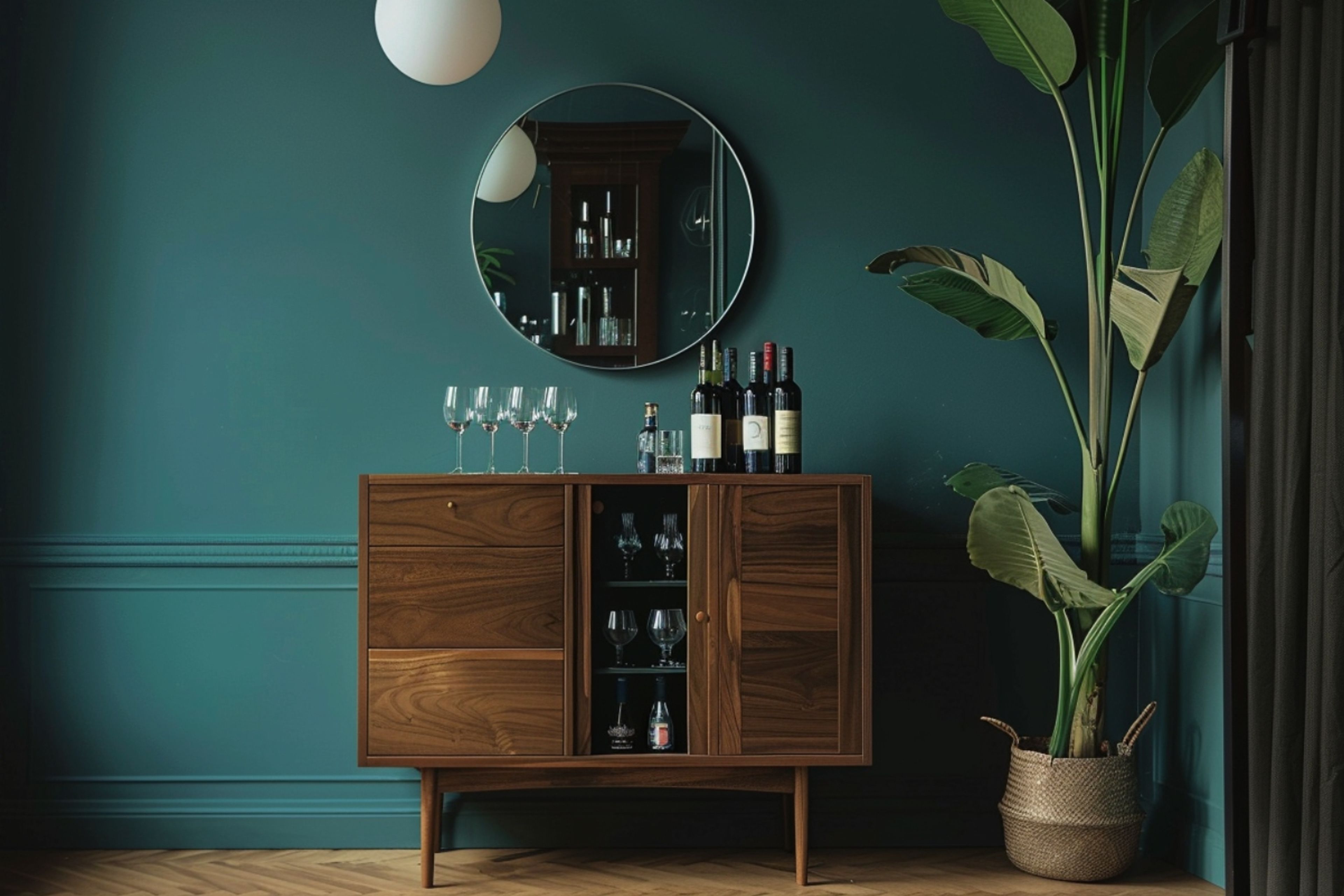 Walnut Bronze Mid-Century Modern Home Bar Design with Console Storage Unit
