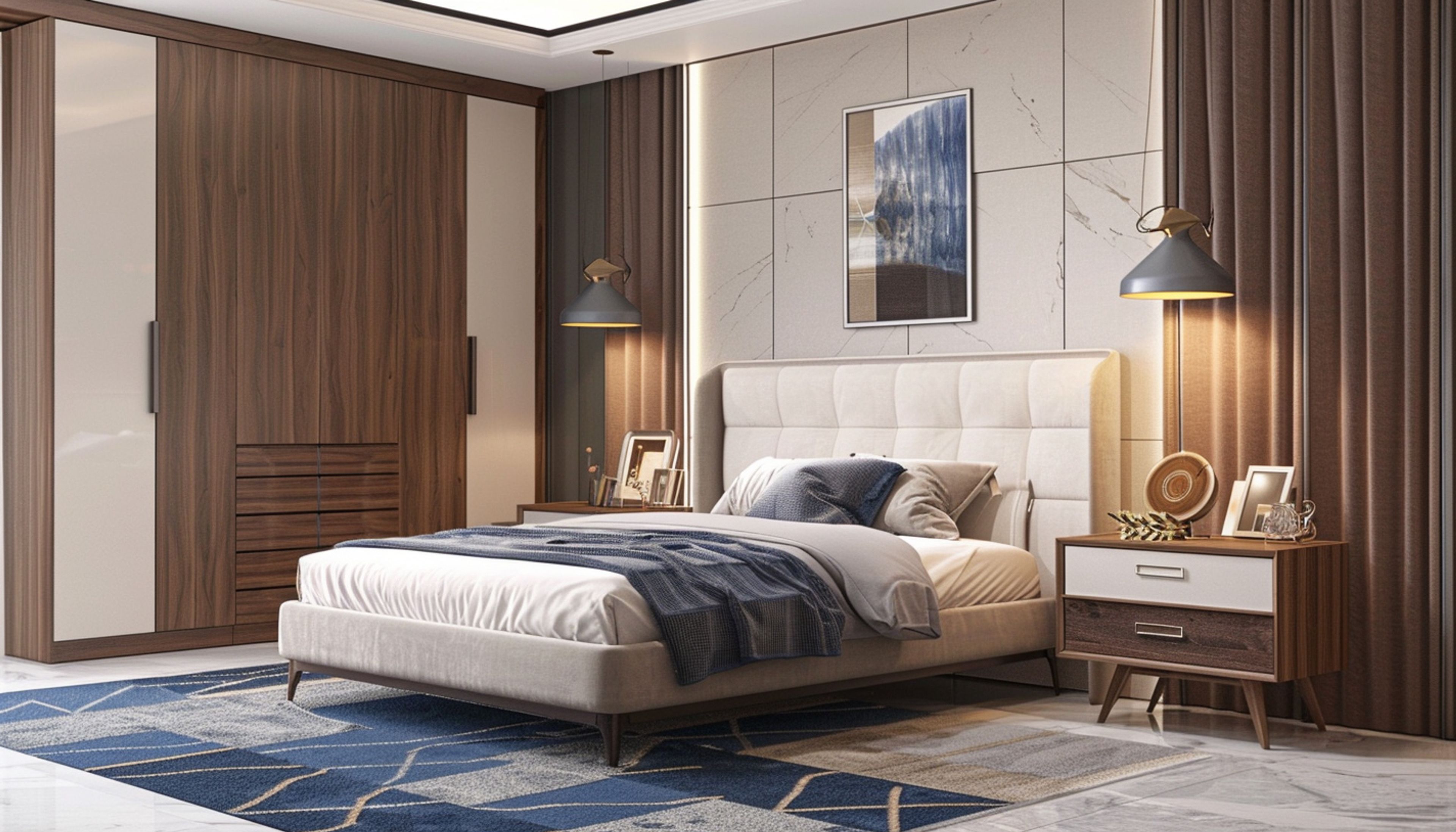 Master bedroom designs with wooden marble panels