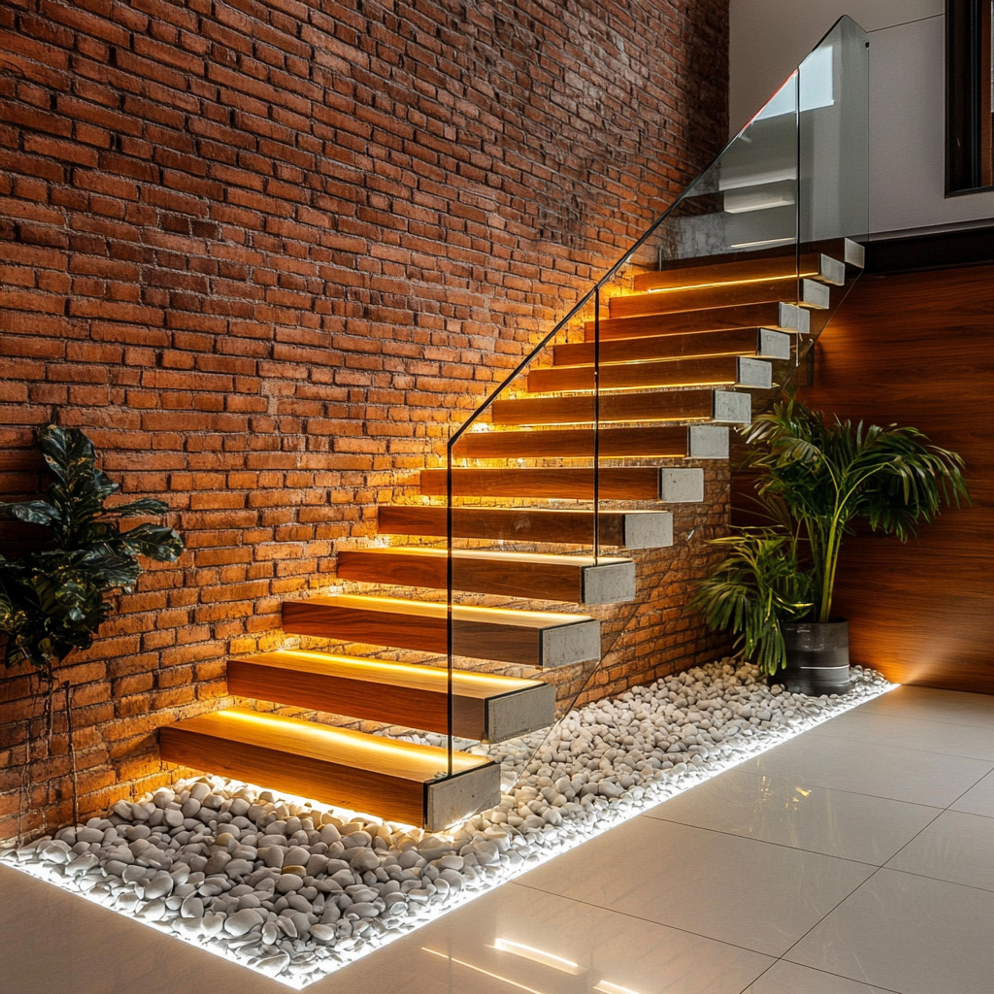 Rustic L-Shaped Staircase Design in Wood and Glass