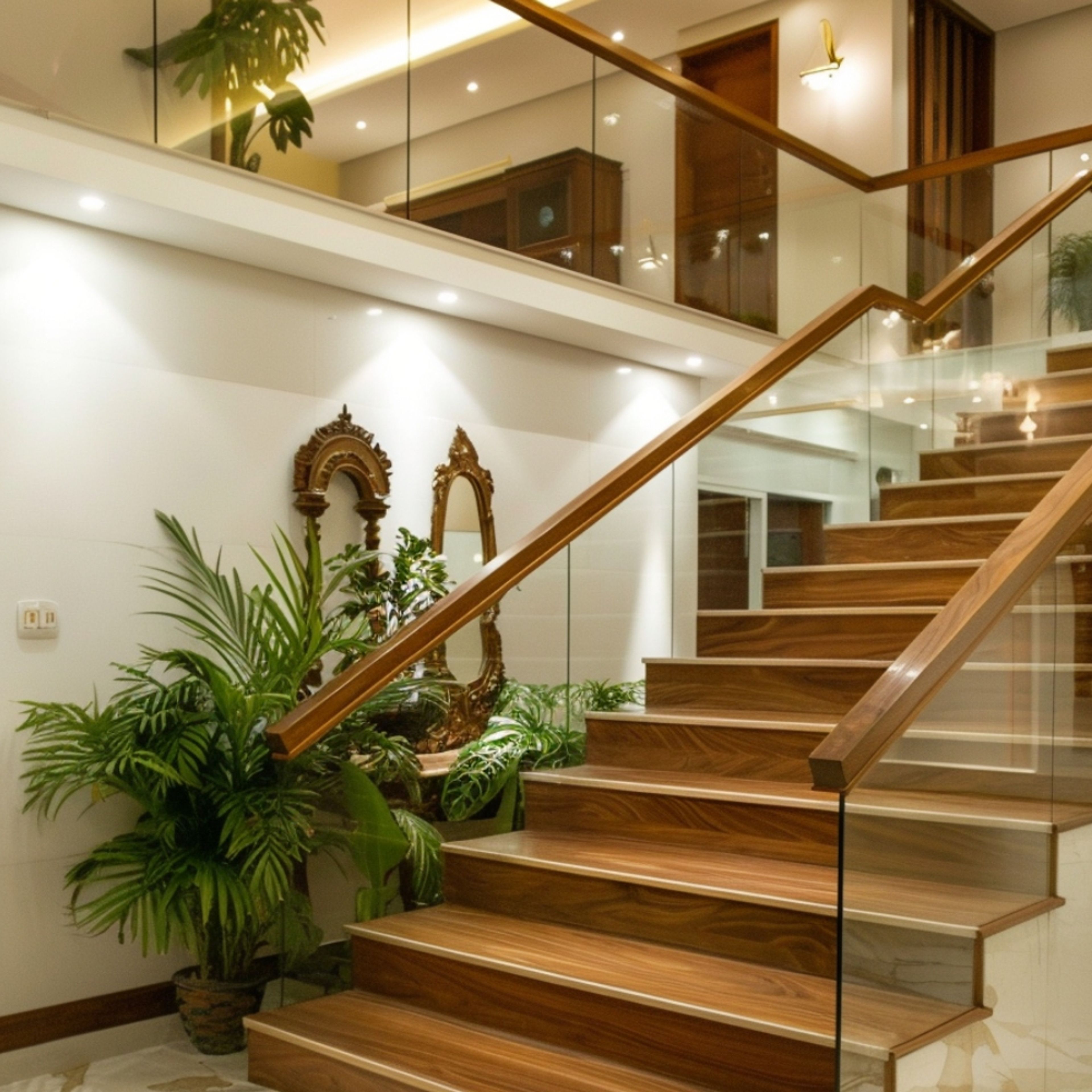 Wood and Glass Straight Staircase Design for Modern Homes