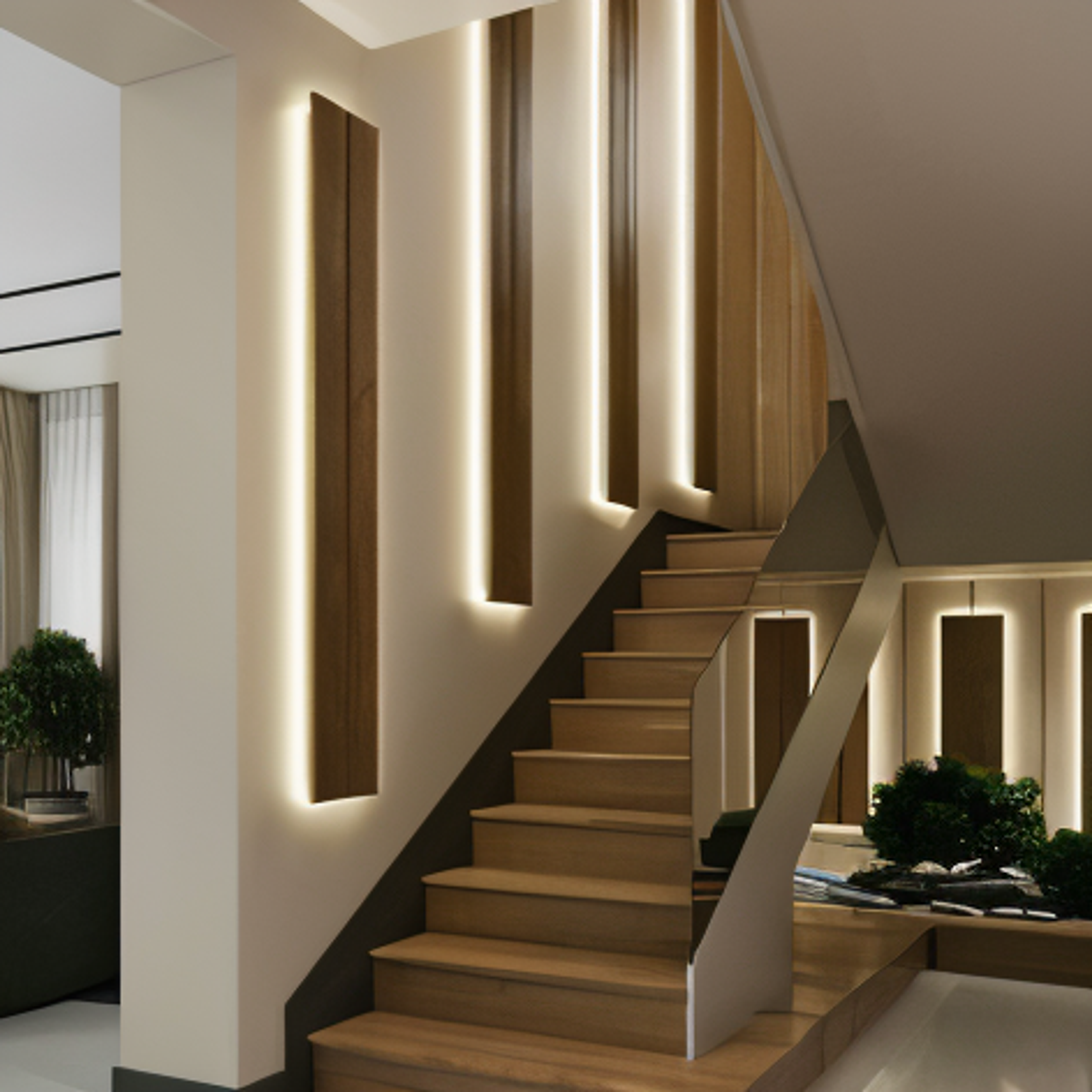 Contemporary Half Landing Staircase Design of Wood and Glass