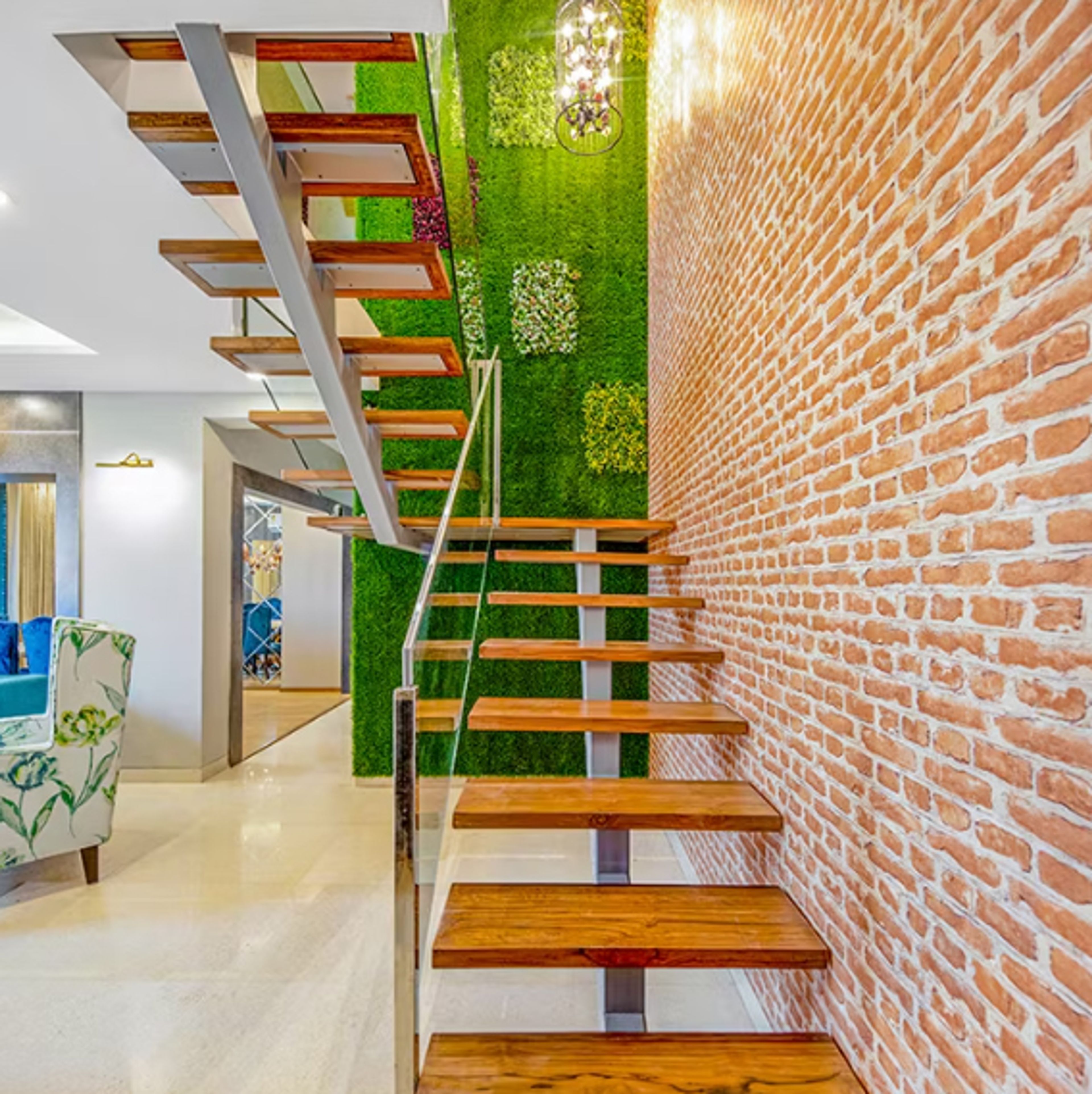 Rustic Floating Staircase Design Combining Wood and Metal Elements