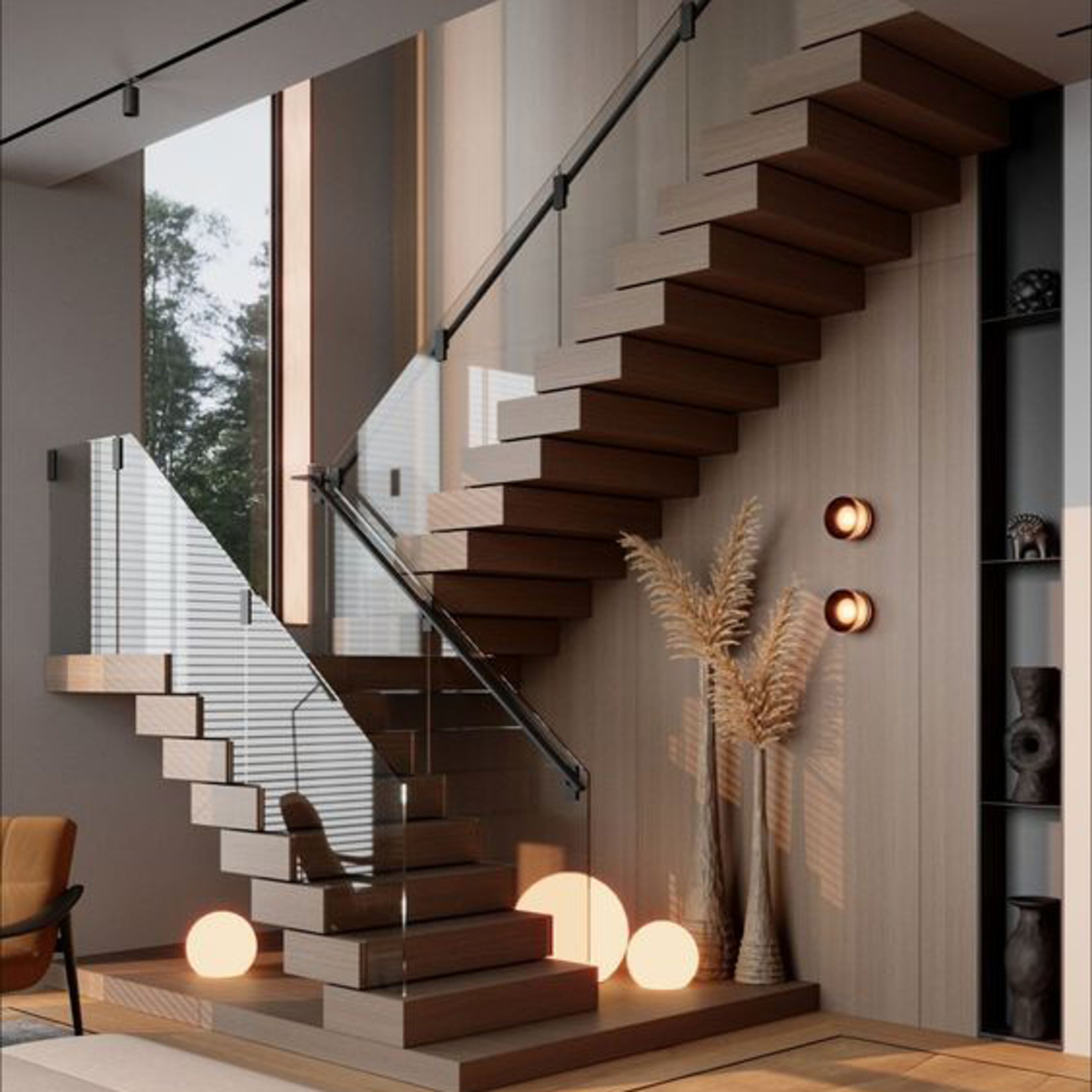 Modern Half Landing Staircase Design Crafted from Wood and Glass