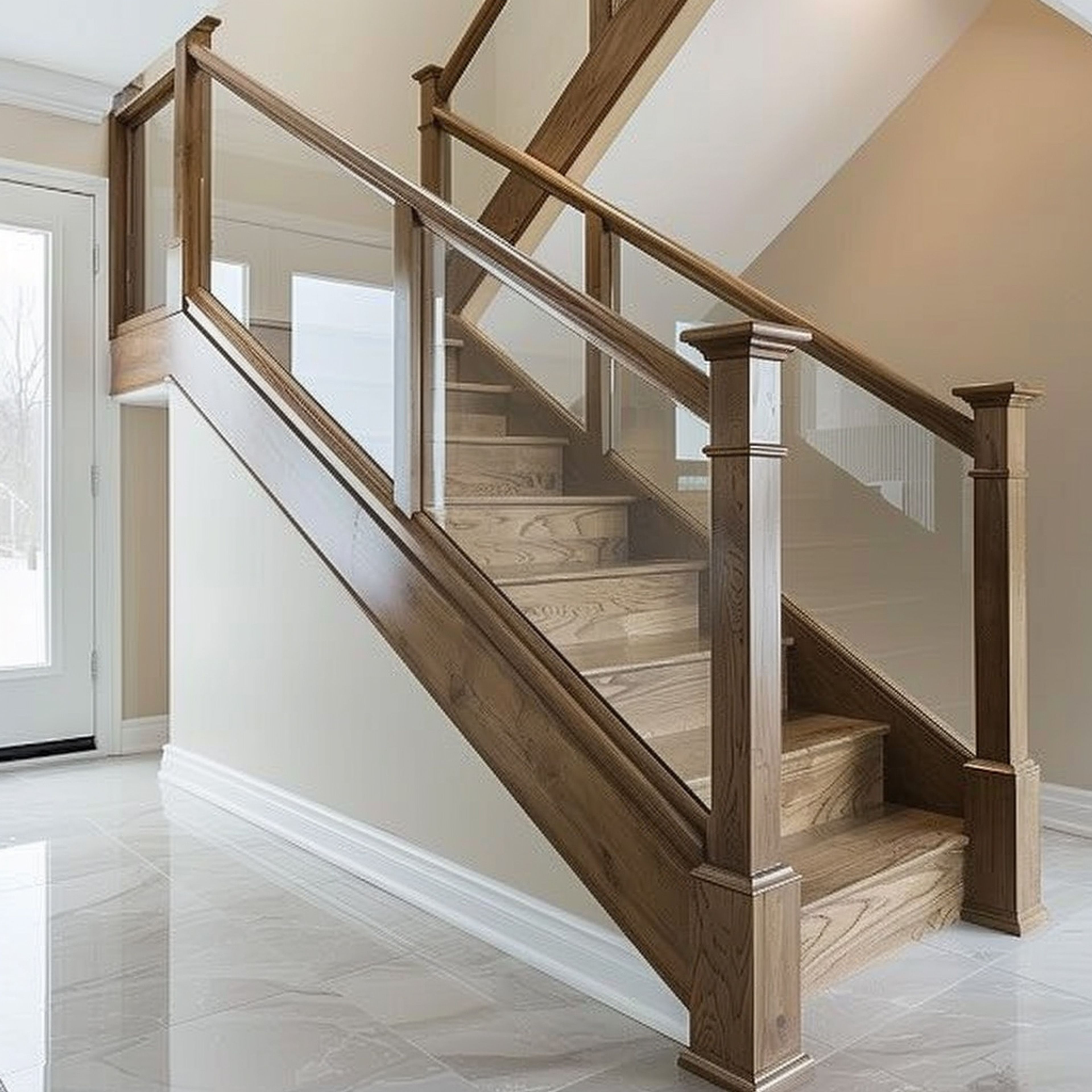 Modern Straight Staircase Design with Wood and Glass