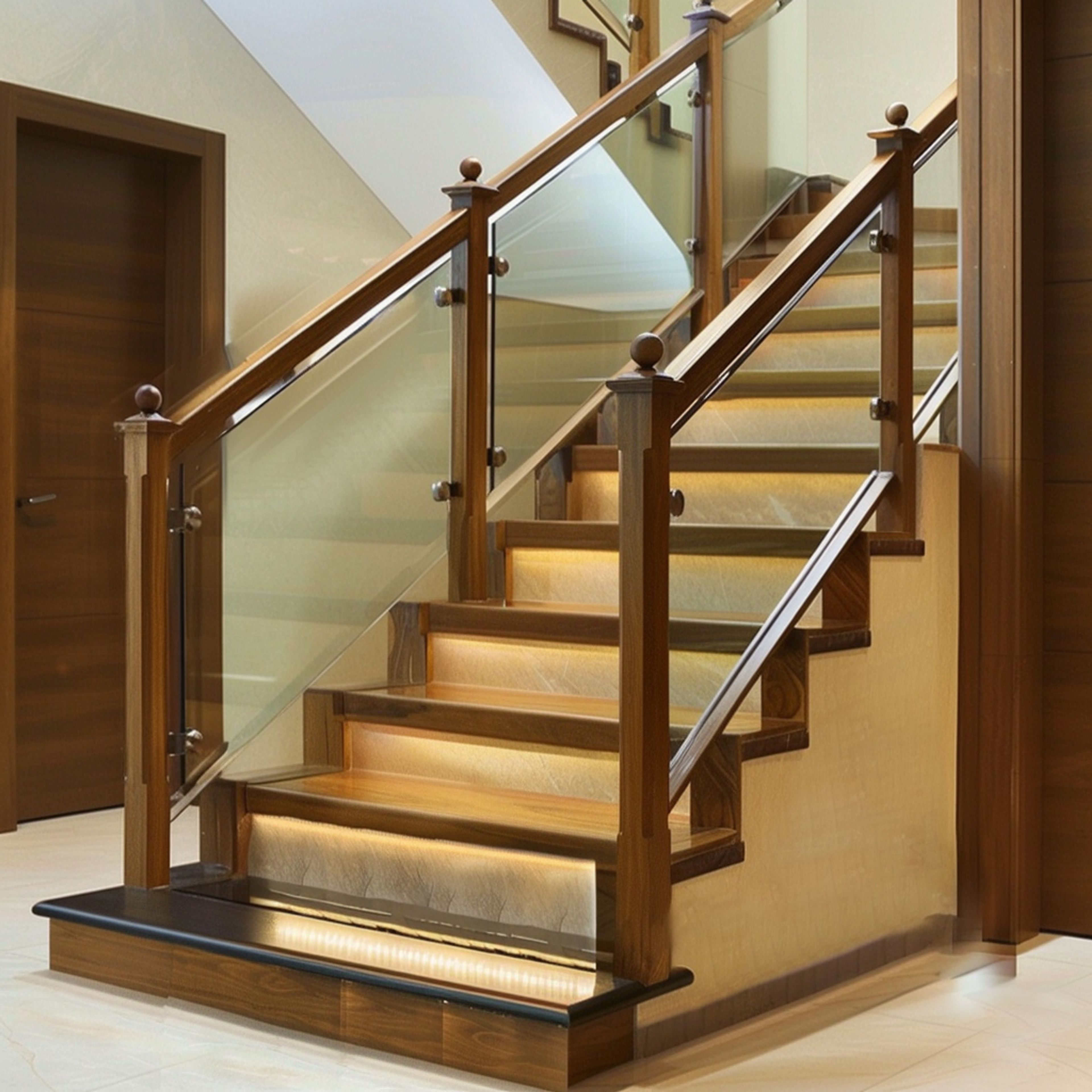 Modern Straight Staircase Design with Wood, Concrete, and Glass