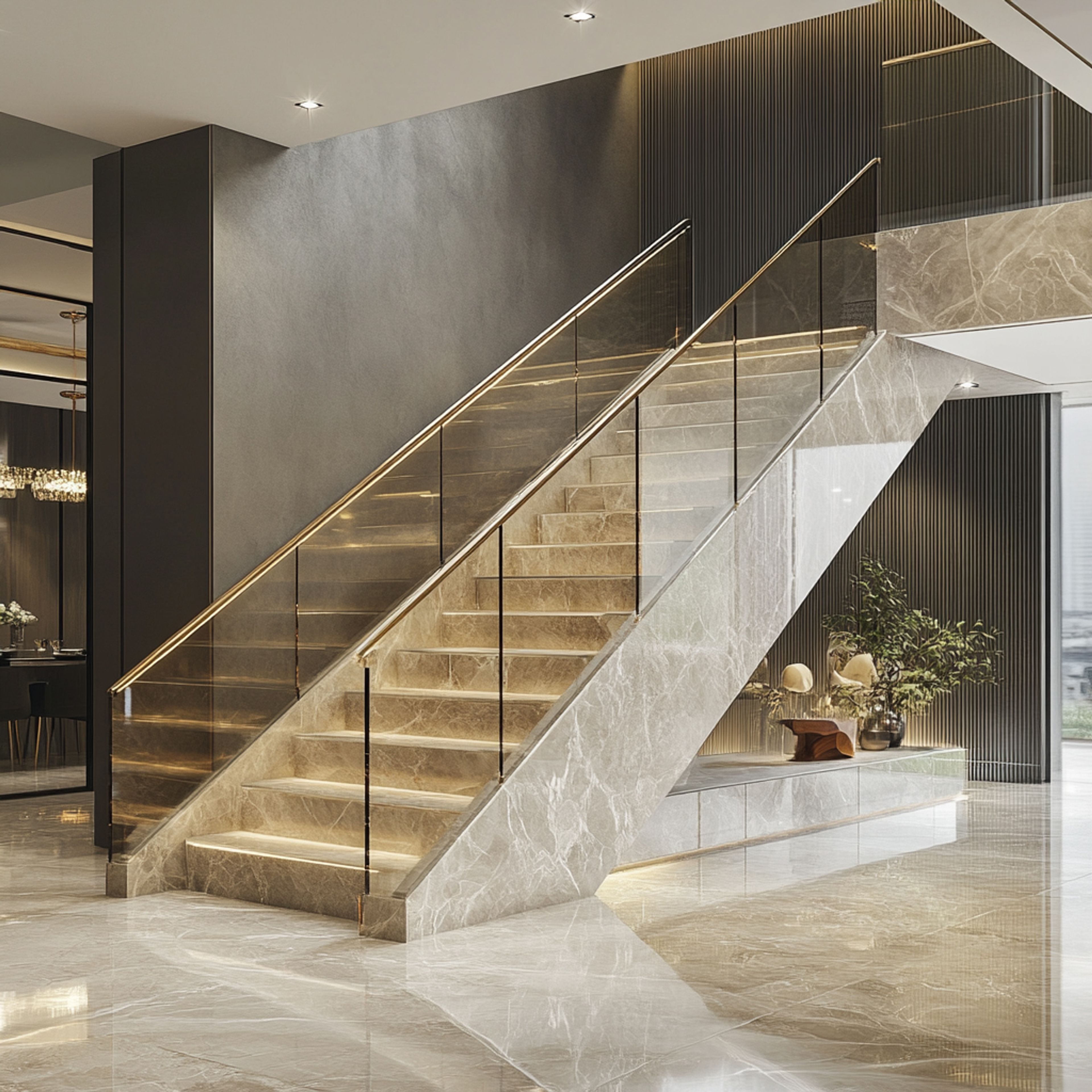 Contemporary Straight Staircase Design Crafted from Marble and Glass