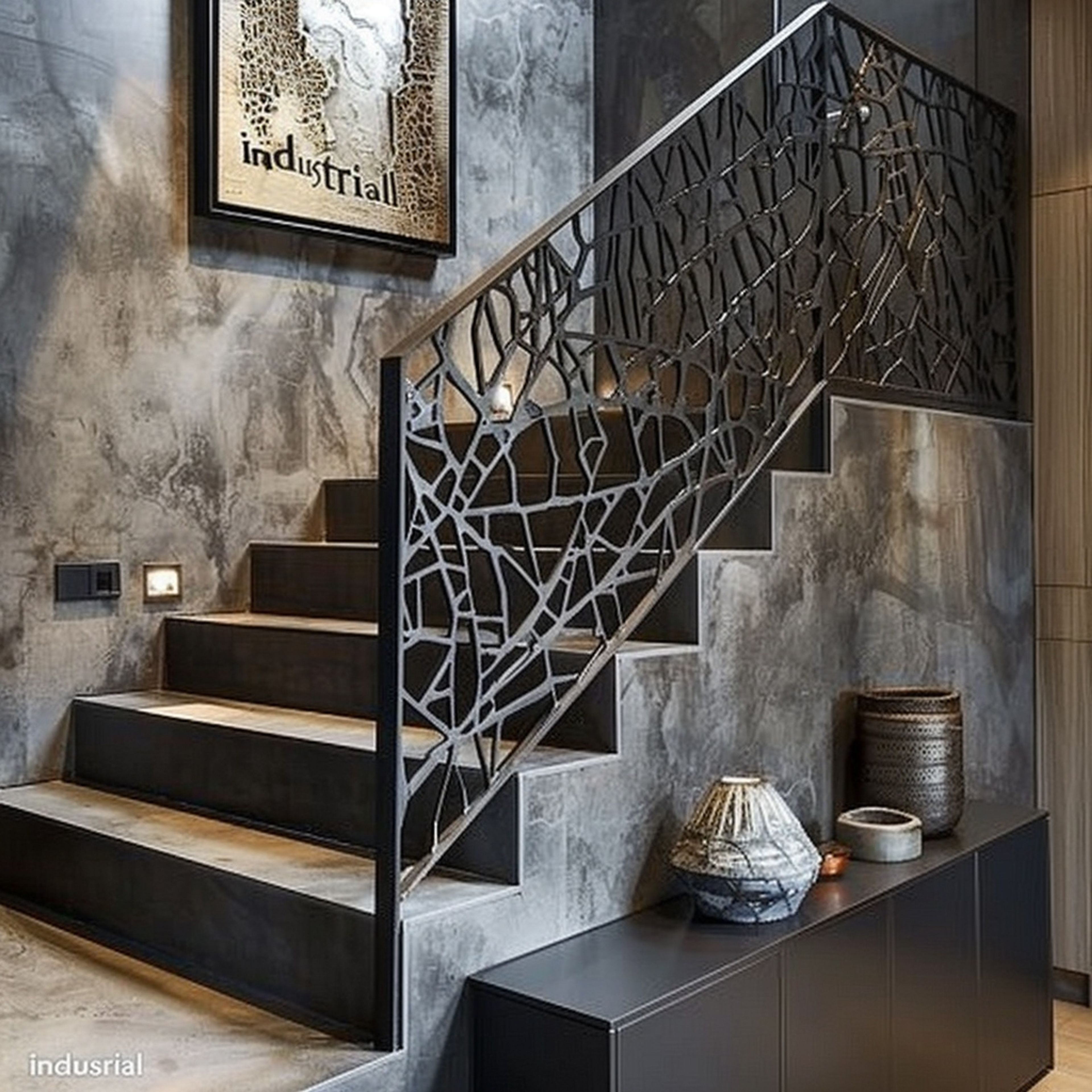 Industrial Straight Staircase Design in Metal and Concrete