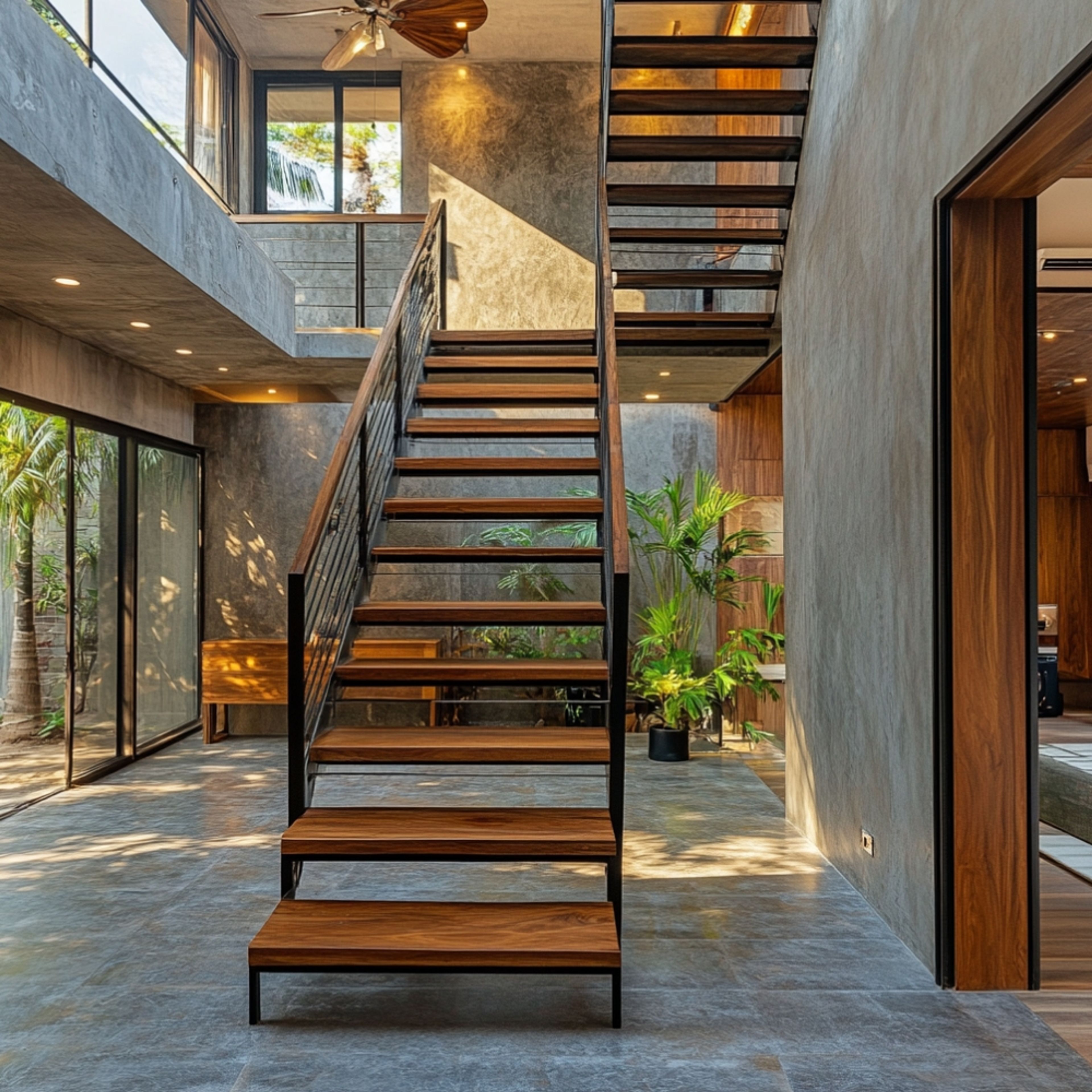 Contemporary U-Shaped Staircase Design in Wood and Metal
