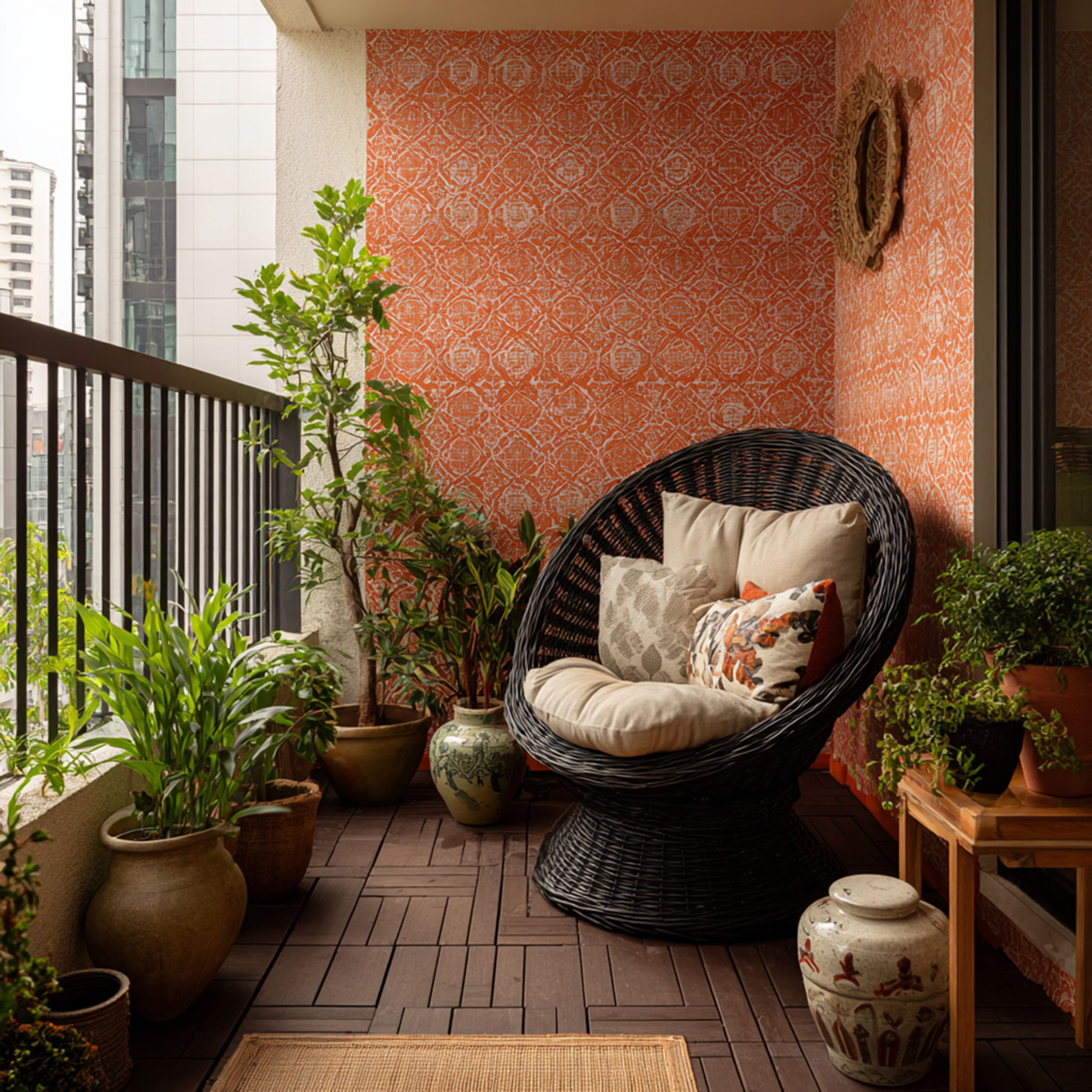 Balcony Design with Orange Patterned Wallpaper and Black Wicker Chair