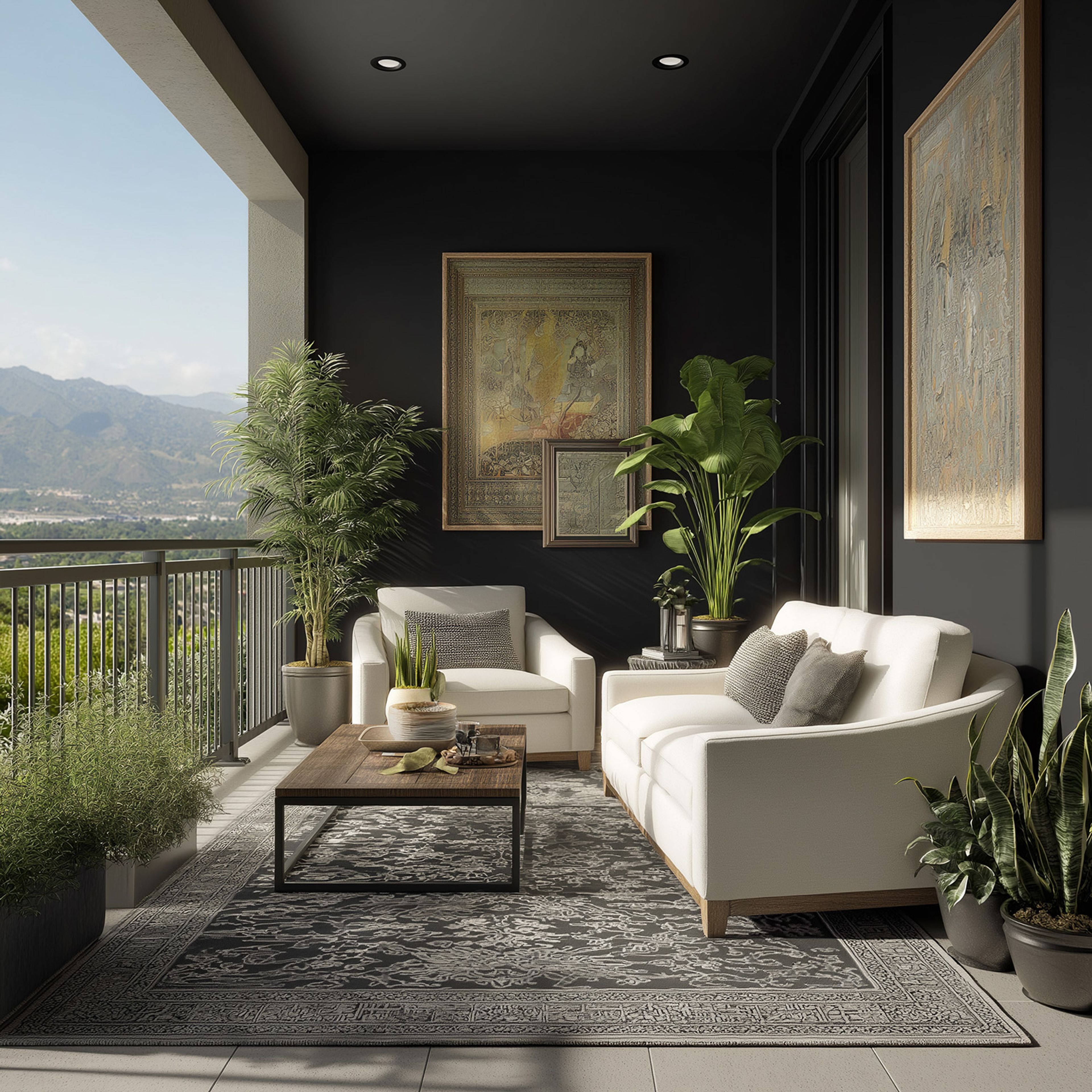 Balcony Design with Dark Matte Accent Wall and White Sofas