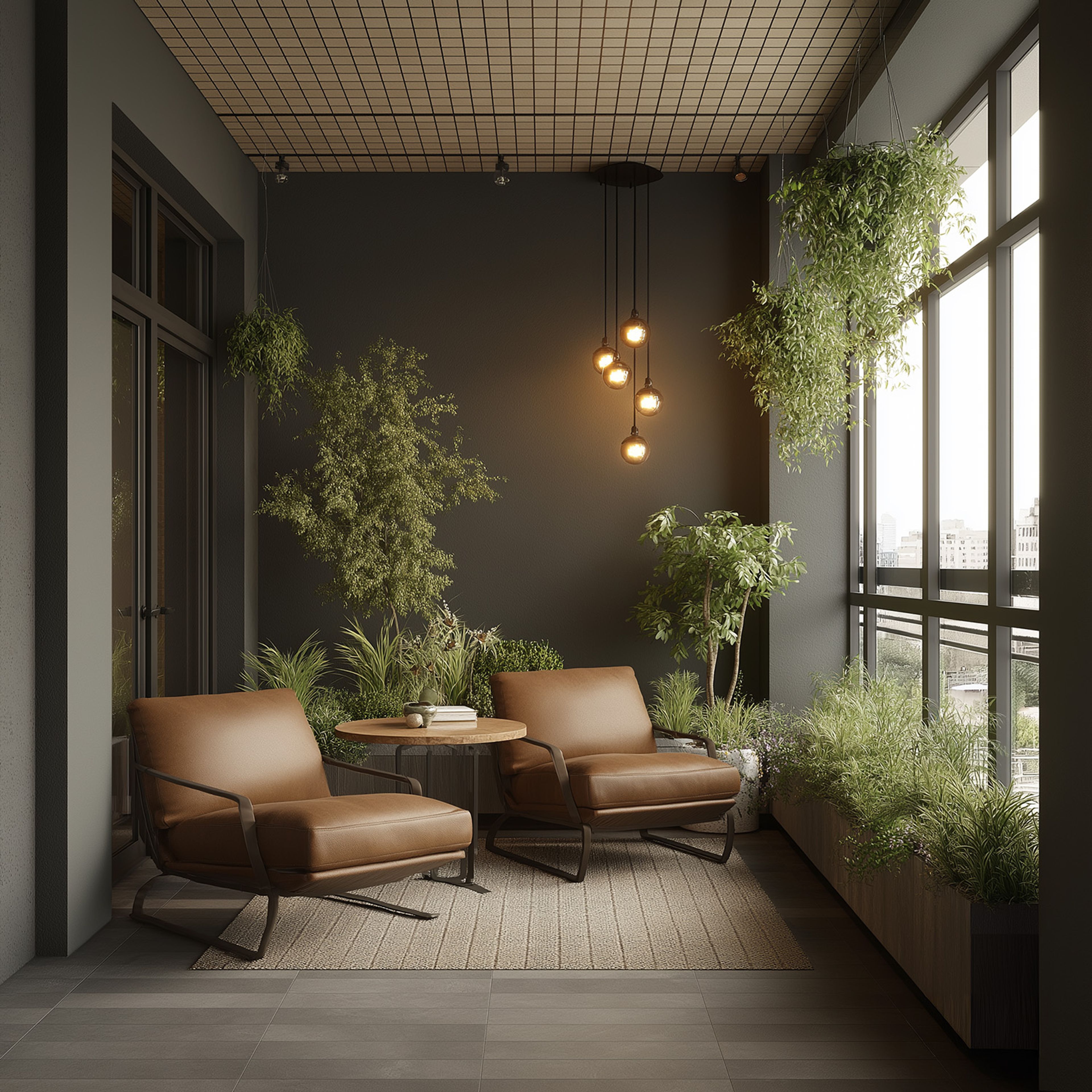 Balcony Design with Charcoal Wall and Leather Armchairs