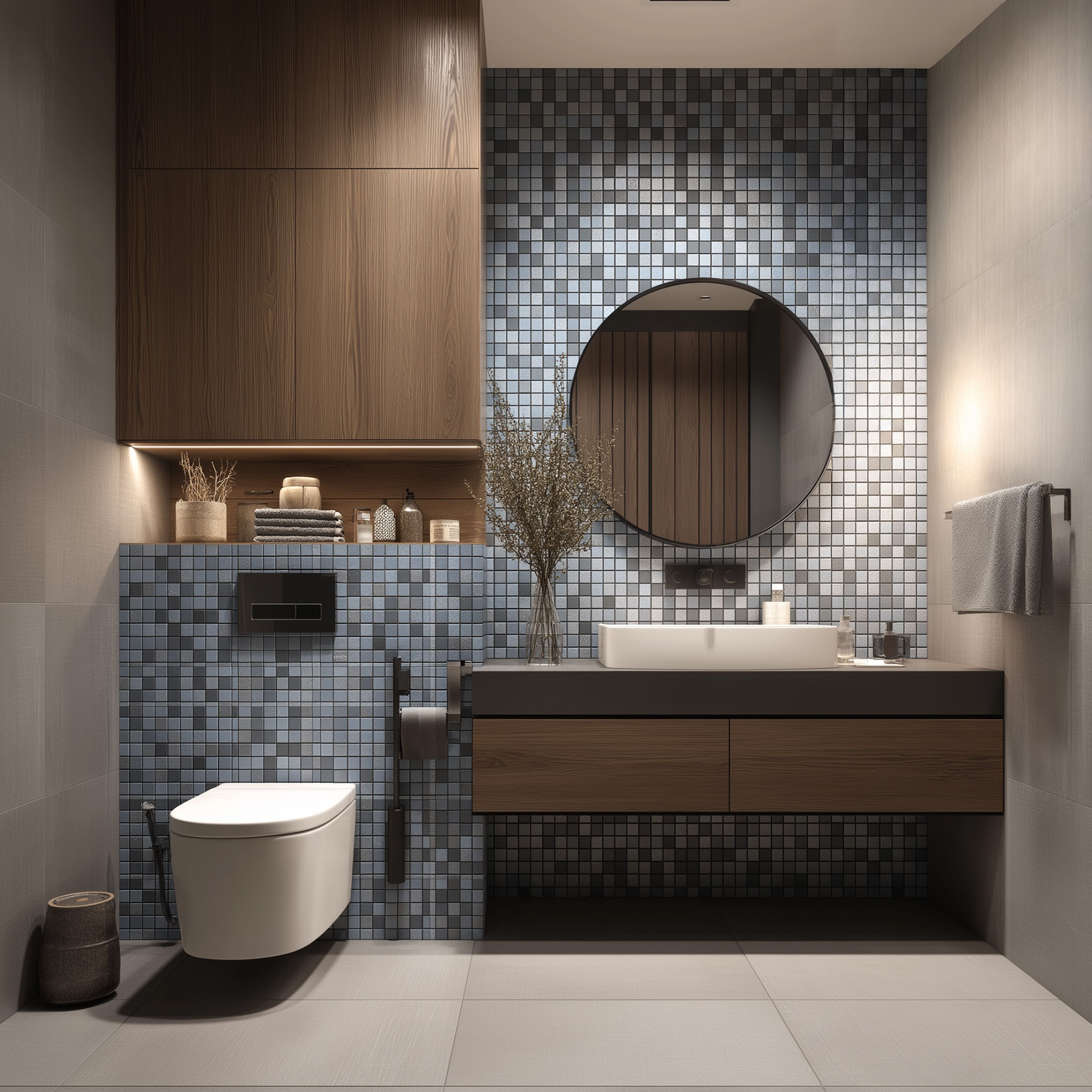 Contemporary Bathroom Design with Blue Mosaic Tiles, Floating Vanity and Round Mirror