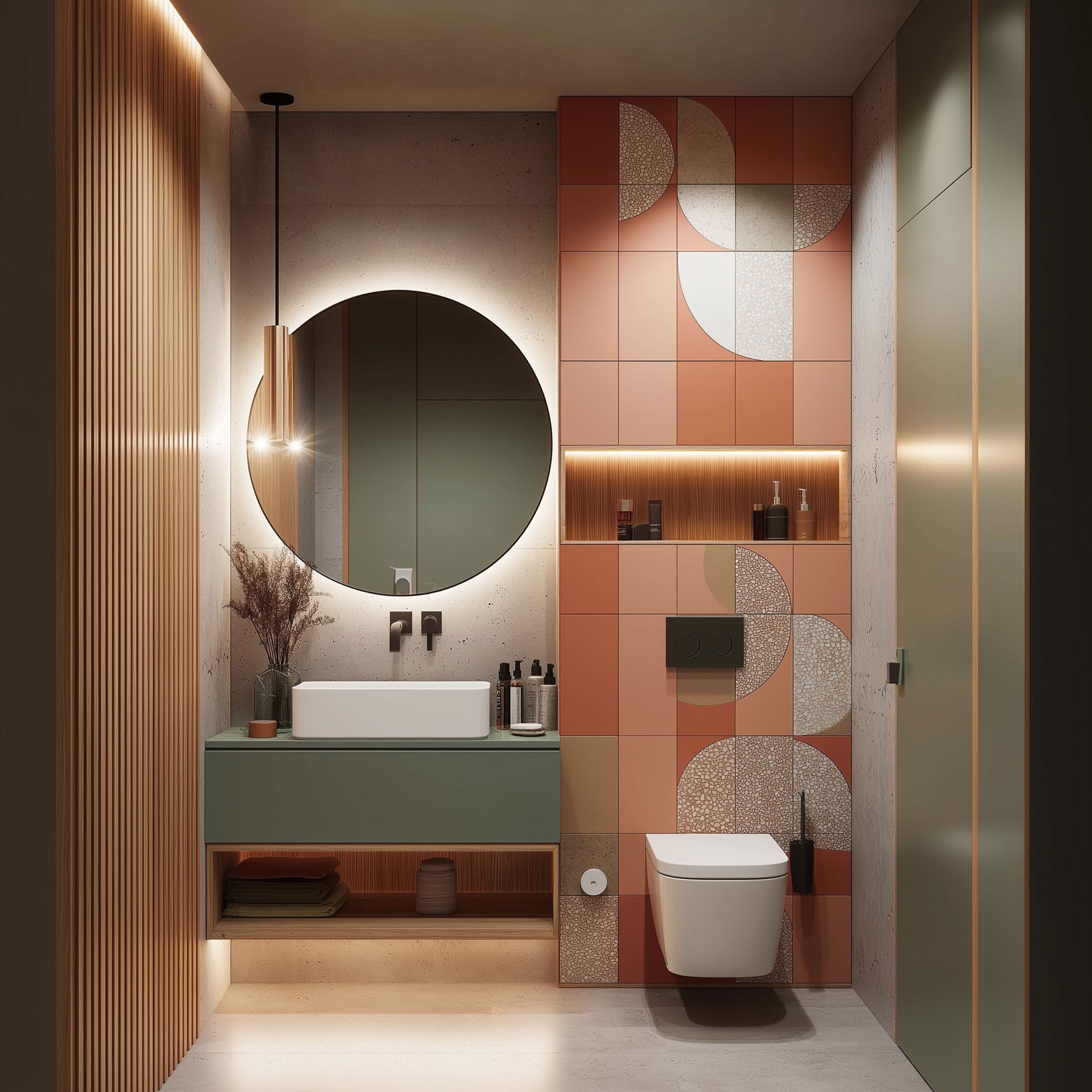 Matte Finish Contemporary Bathroom Design with Floating Vanity and Marble Look