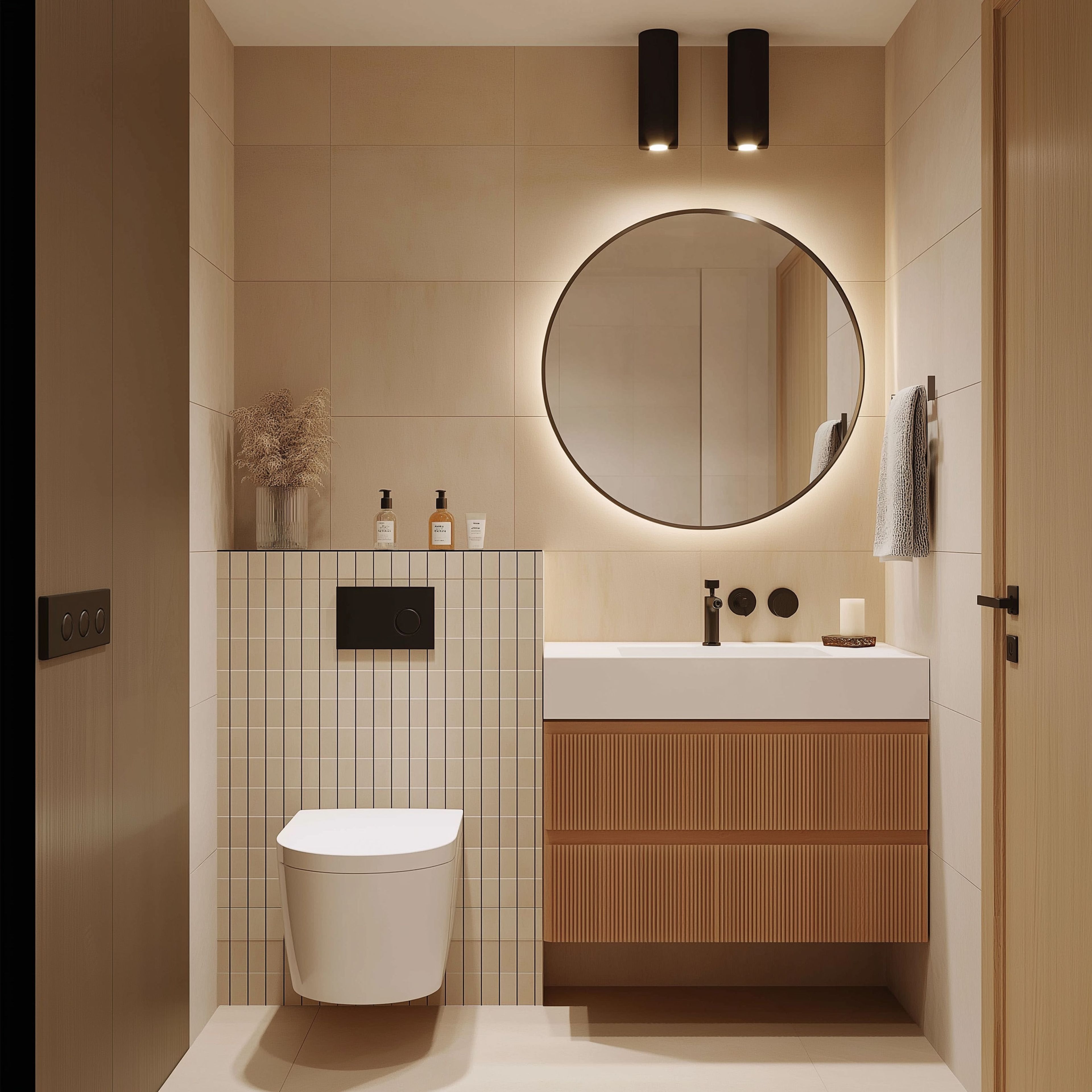 Beige and White Tiles Minimal Bathroom Design with Wall-Hung Vanity and LED Mirror