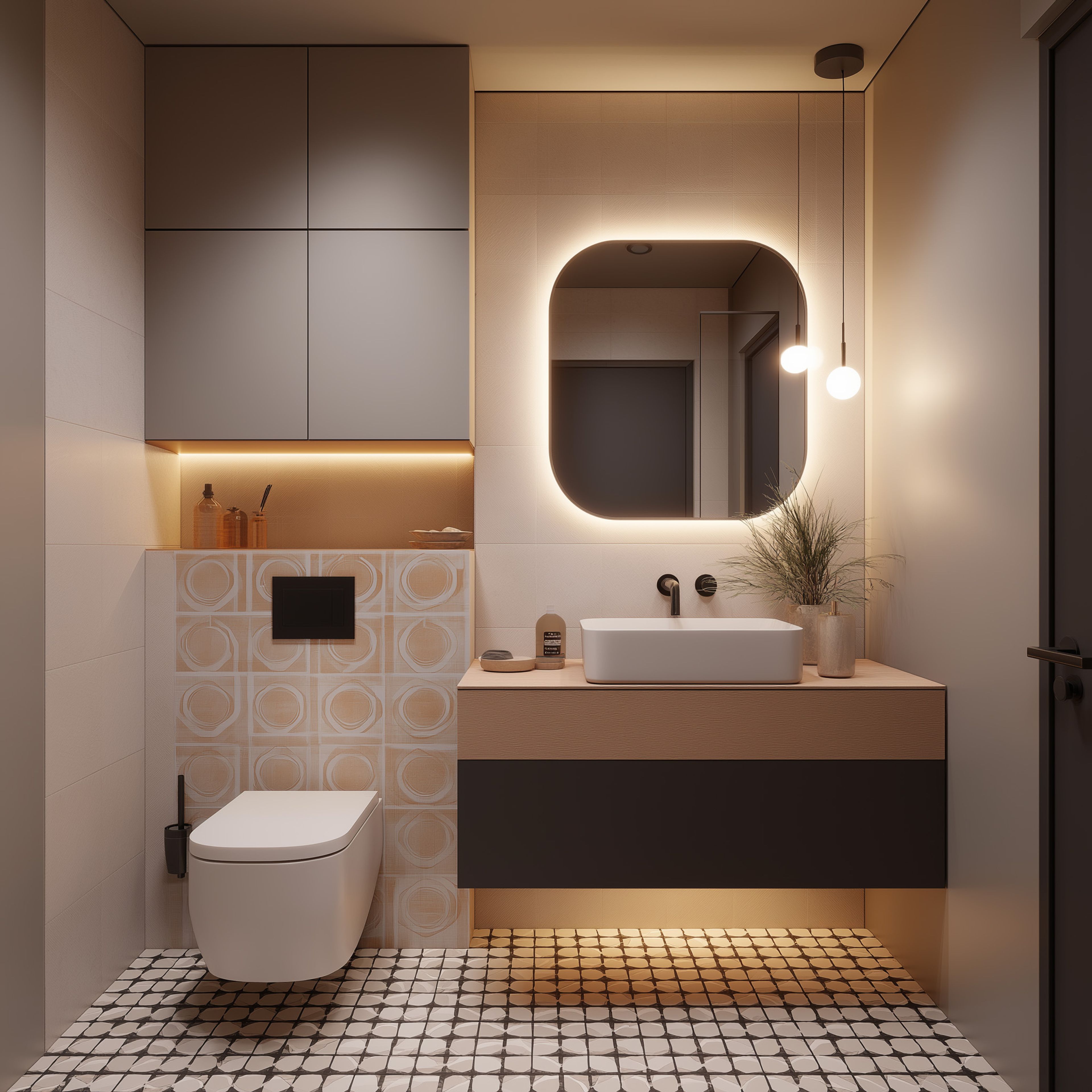 Modern Bathroom Design with Geometric Tiles and Wooden Floating Vanity