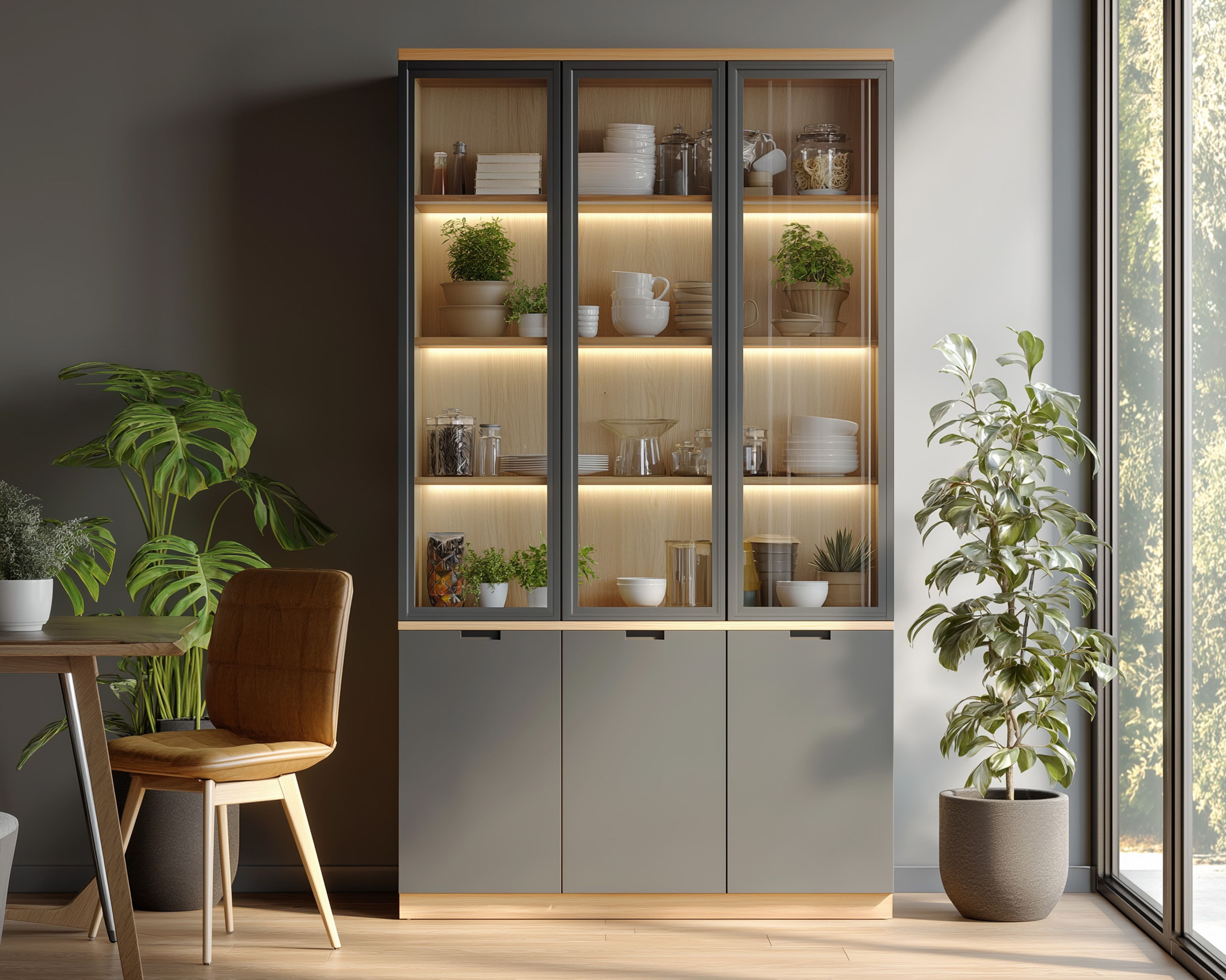 Contemporary Light Oak Crockery Unit Design with Glass LED Shelving