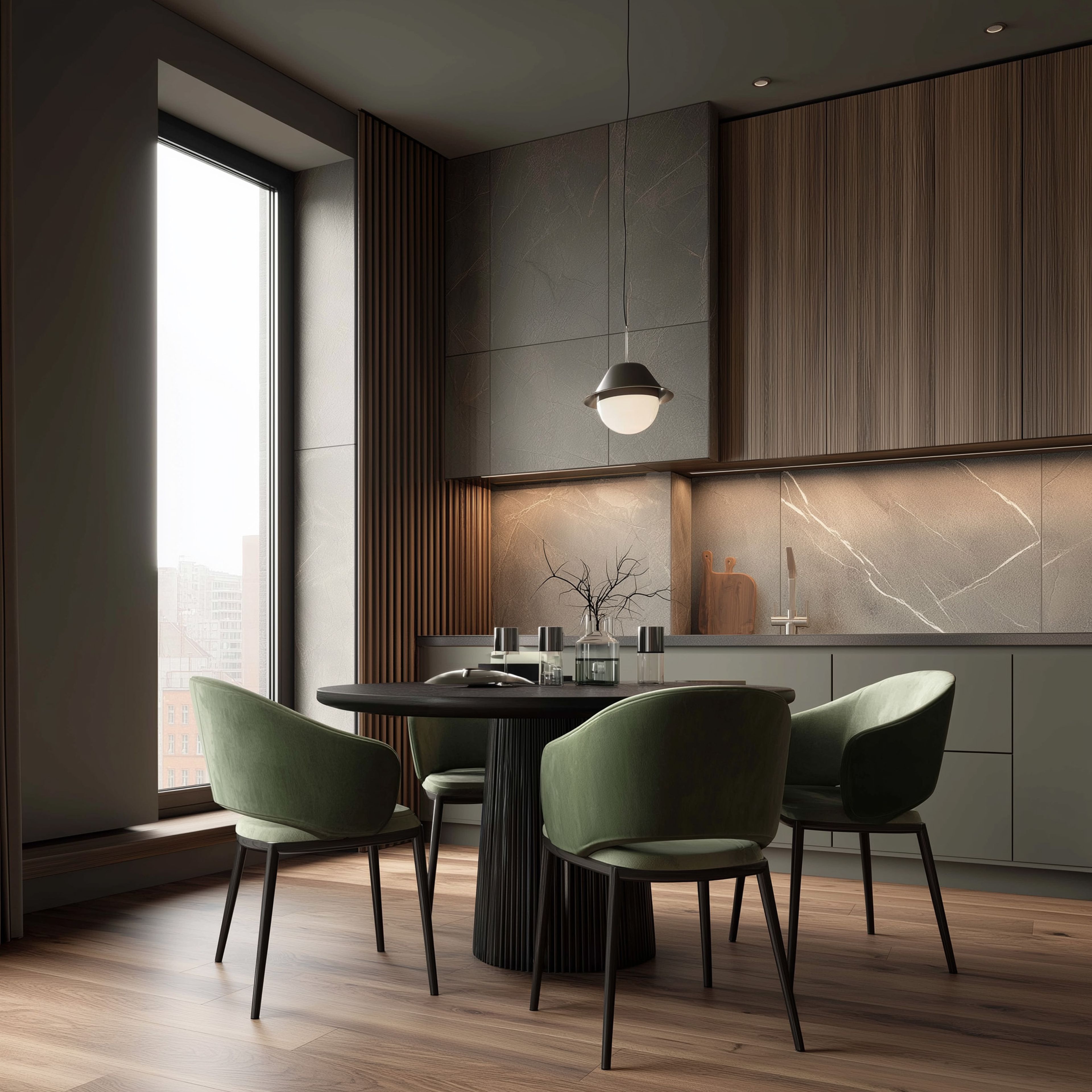 Dining Room Design with Green Velvet Chairs and and Round Black Dining Table