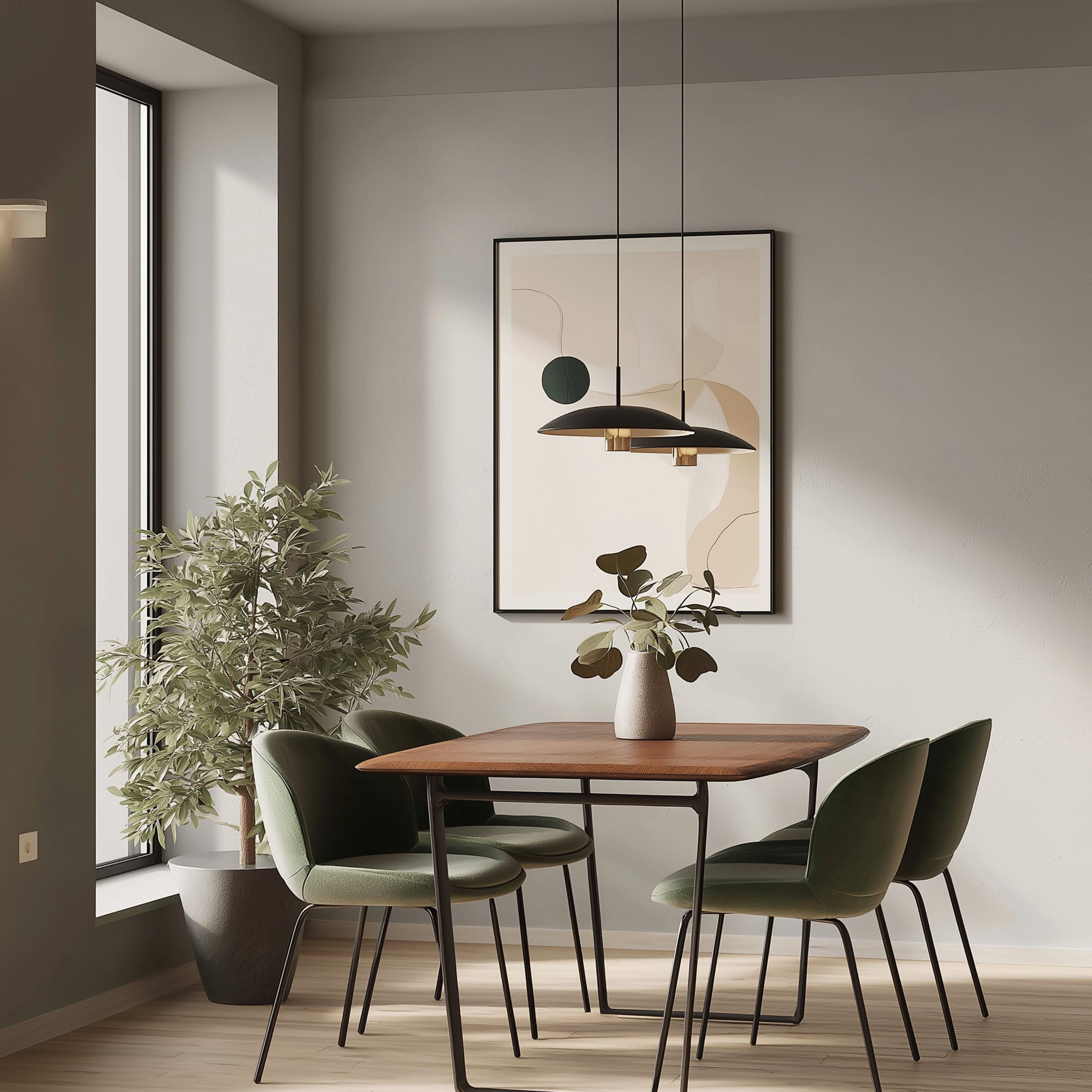 Dining Room Design with Wood Table and Green Velvet Chairs