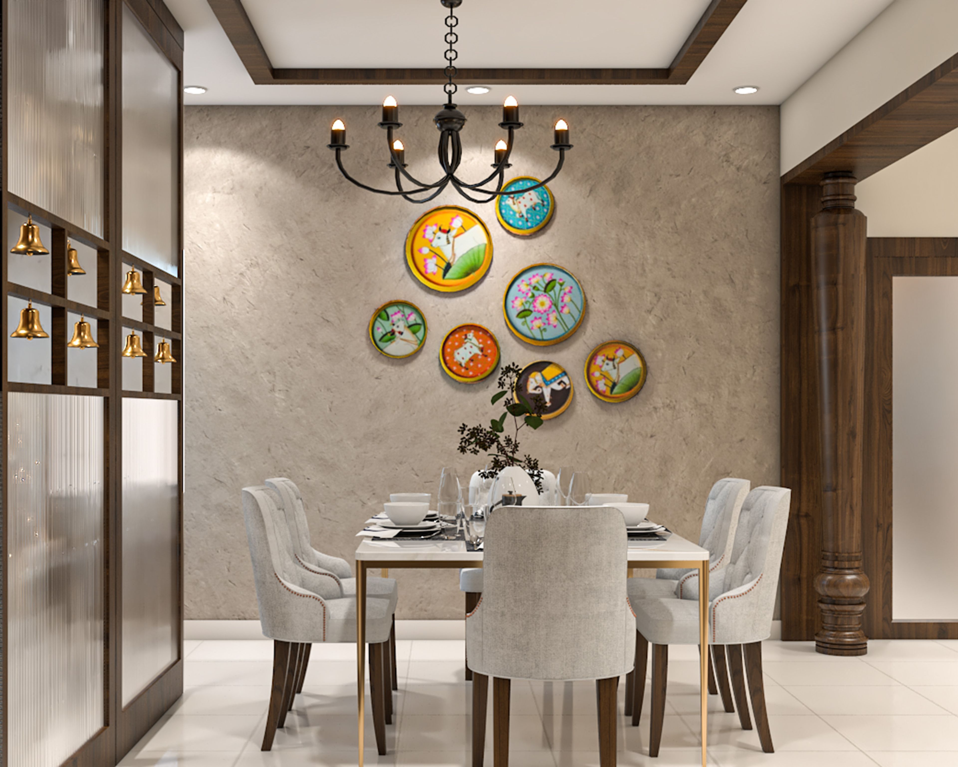 Dining Room Design with Pooja Unit and Storage Cabinets