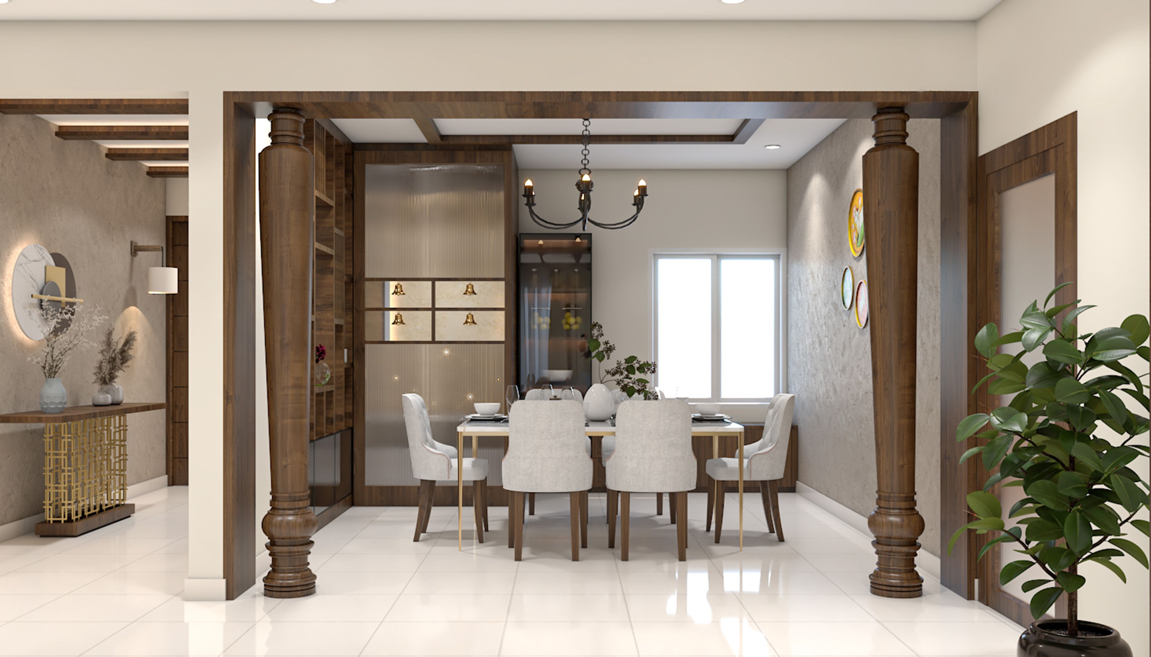 Dining Room Design with Pooja Unit and Storage Cabinets