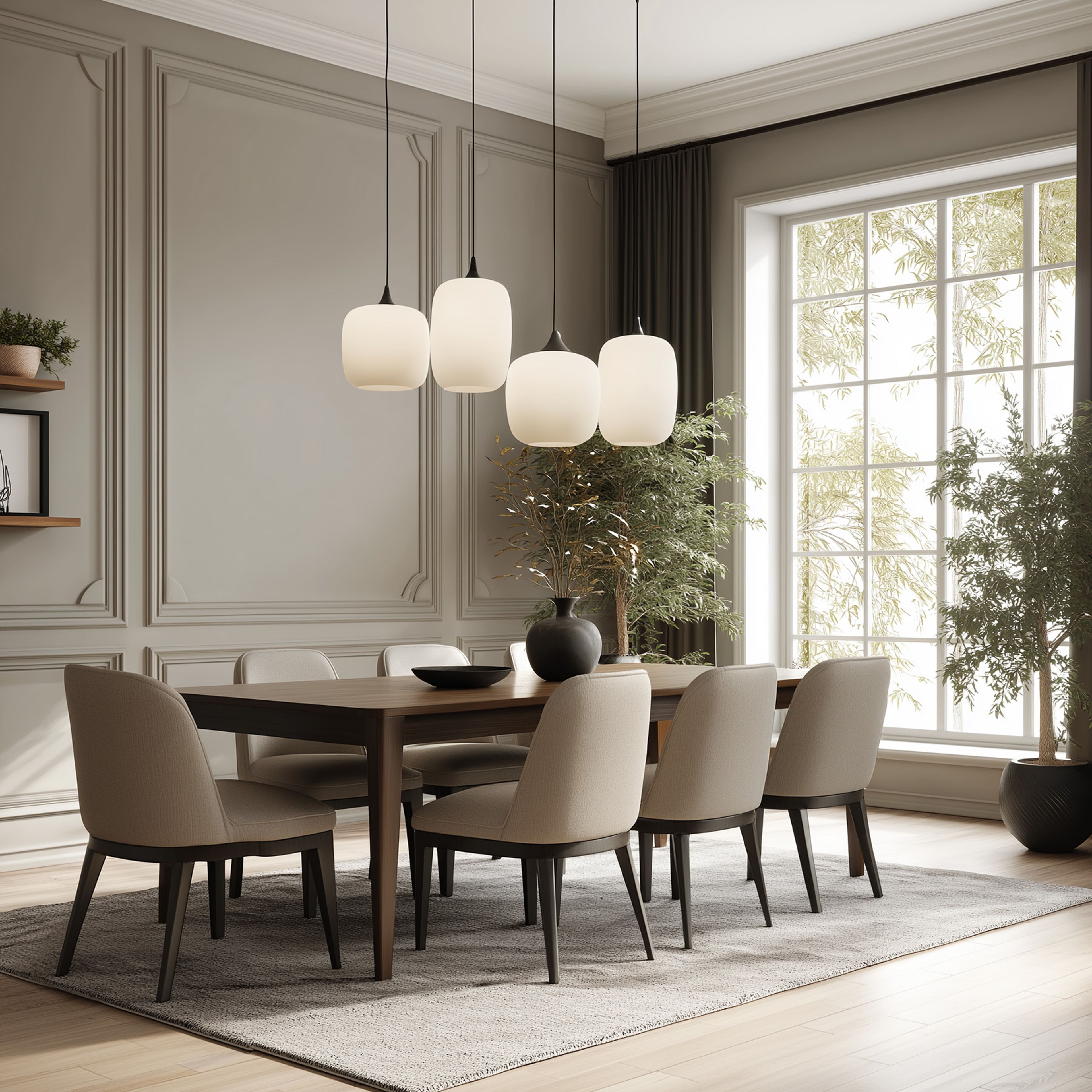 Dining Room Design with Panel Walls, Dark Wood Table and Seven Beige Chairs