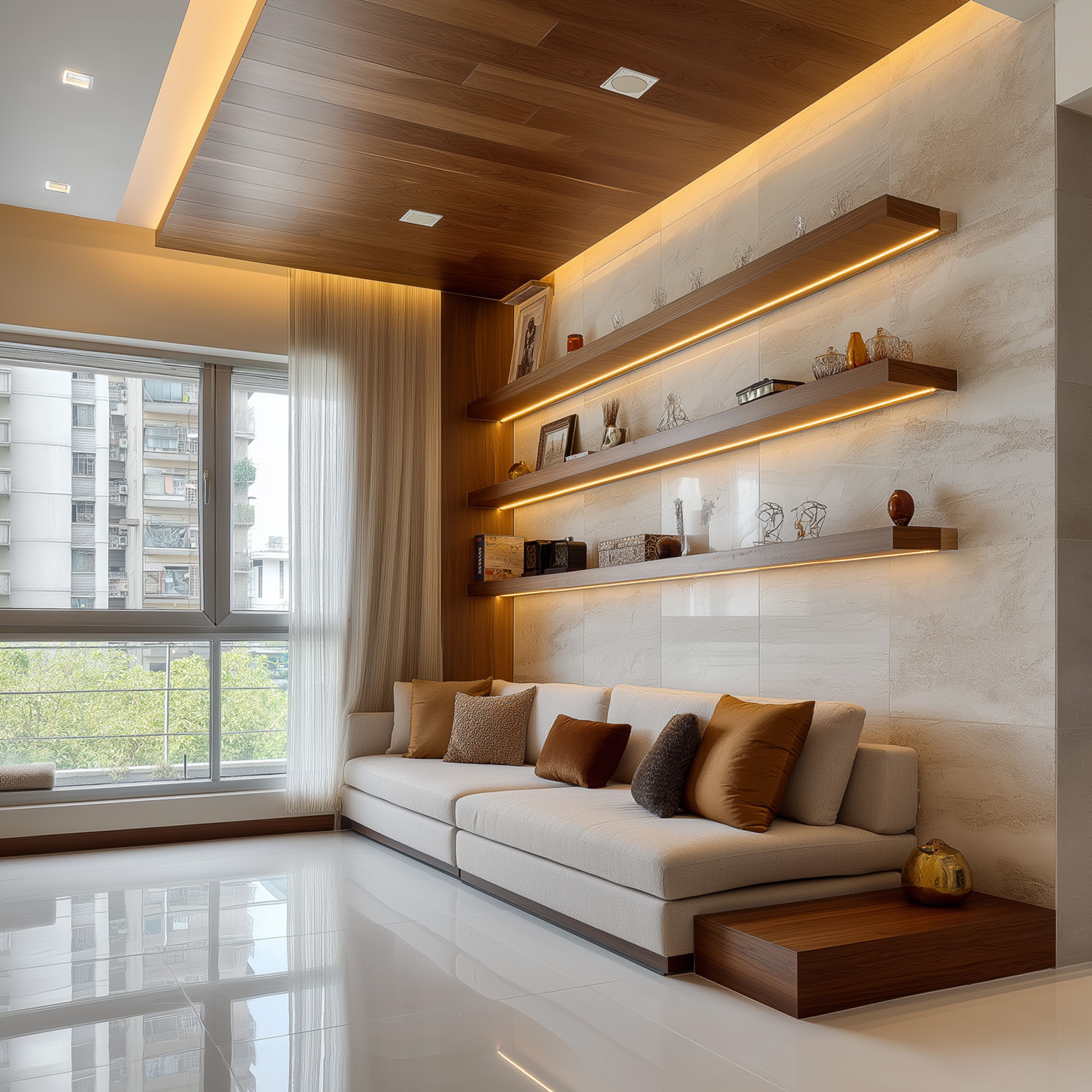 Contemporary Single Layer False Ceiling Design with Gypsum and Wood Detailing and Paint Finish