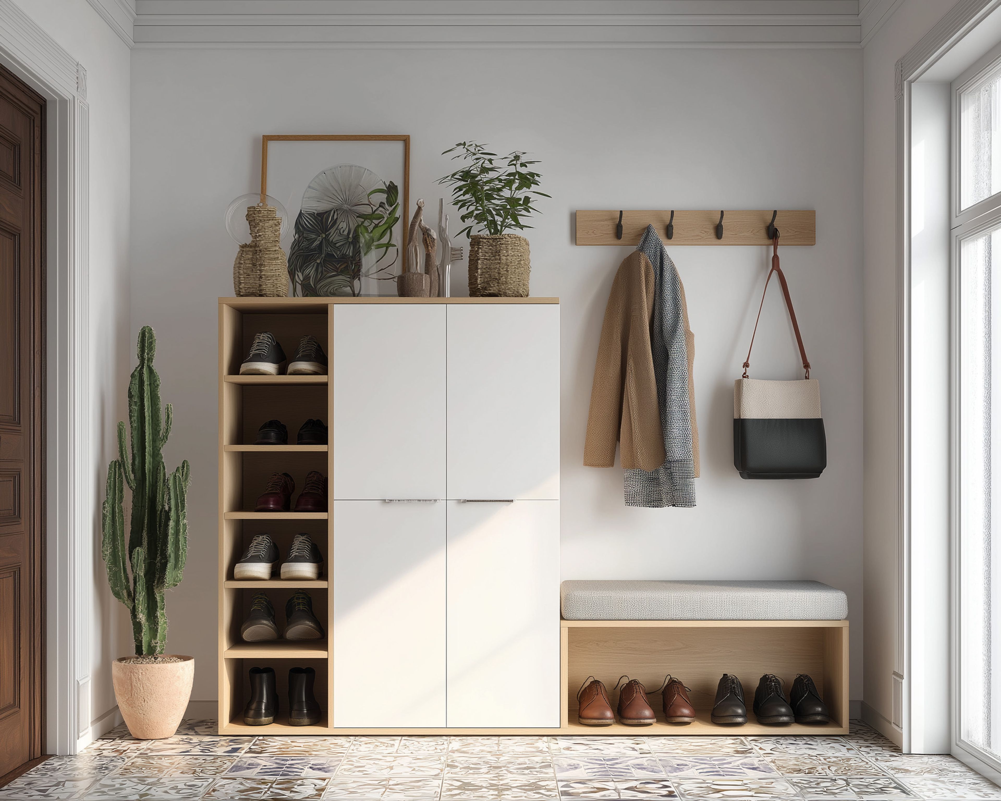 Modern Foyer Design With Bench Storage and Open Shoe Display