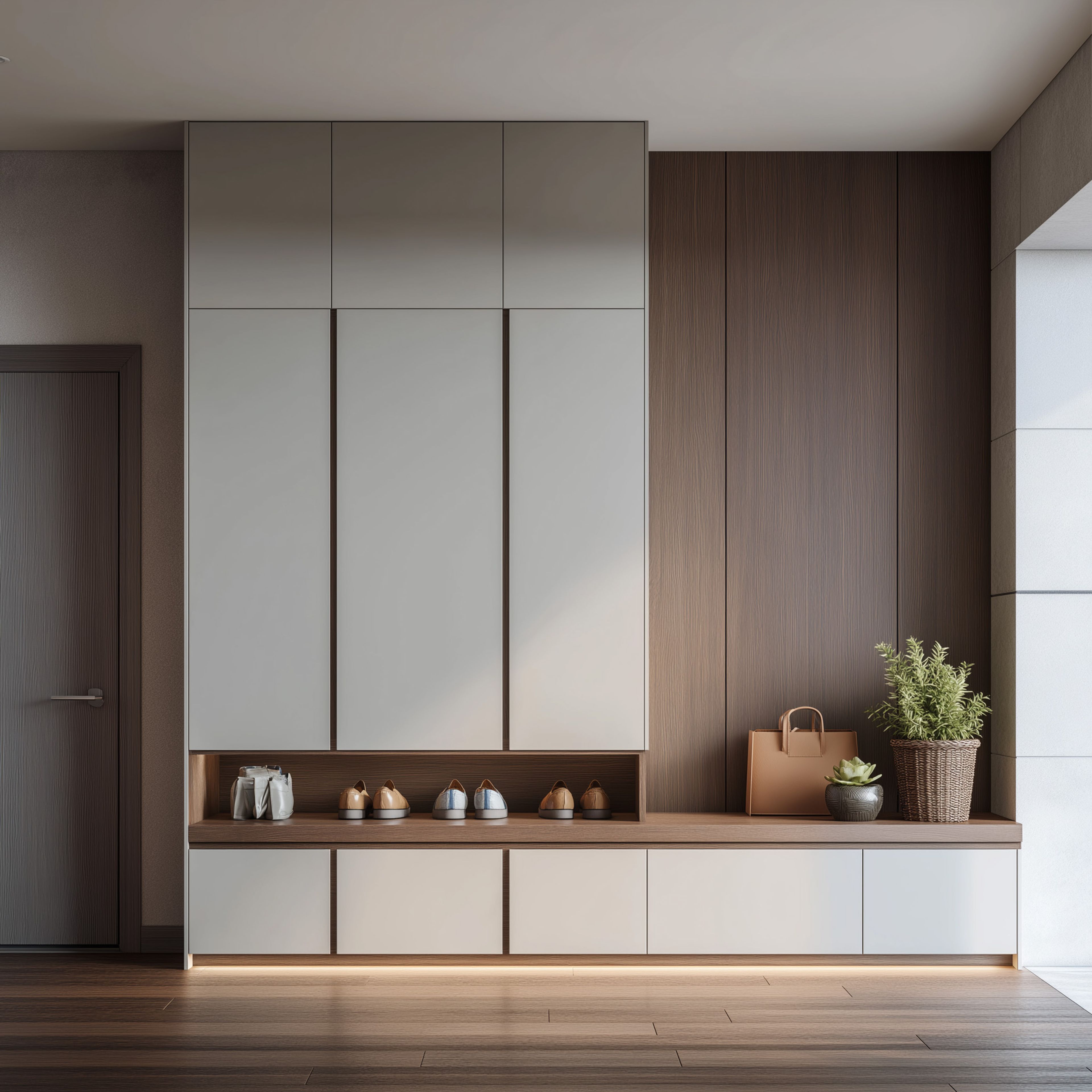White and Wood Contemporary Foyer Design with Closed Storage and Shelves