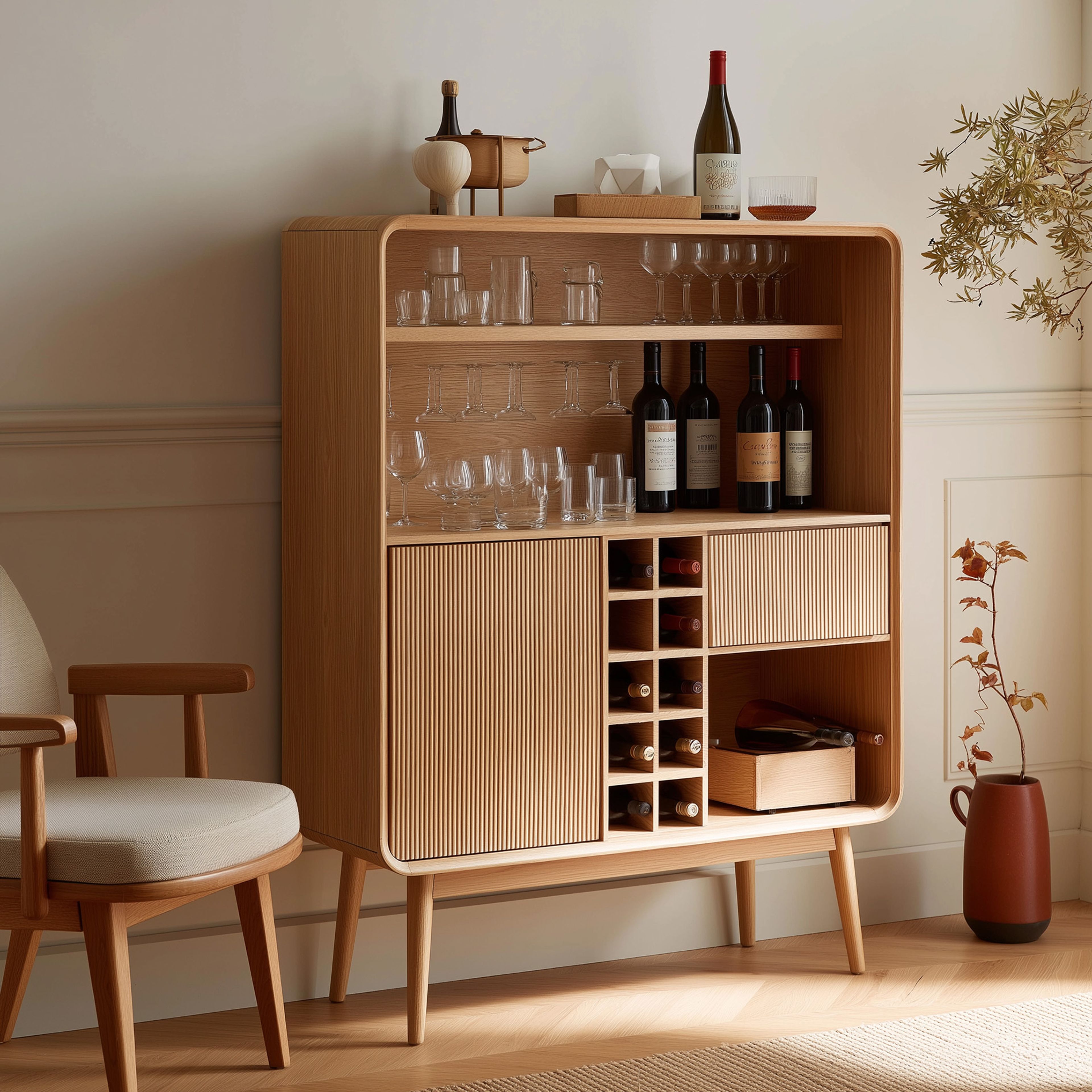 Mid-century Modern Home Bar Design with Open Wine Shelving