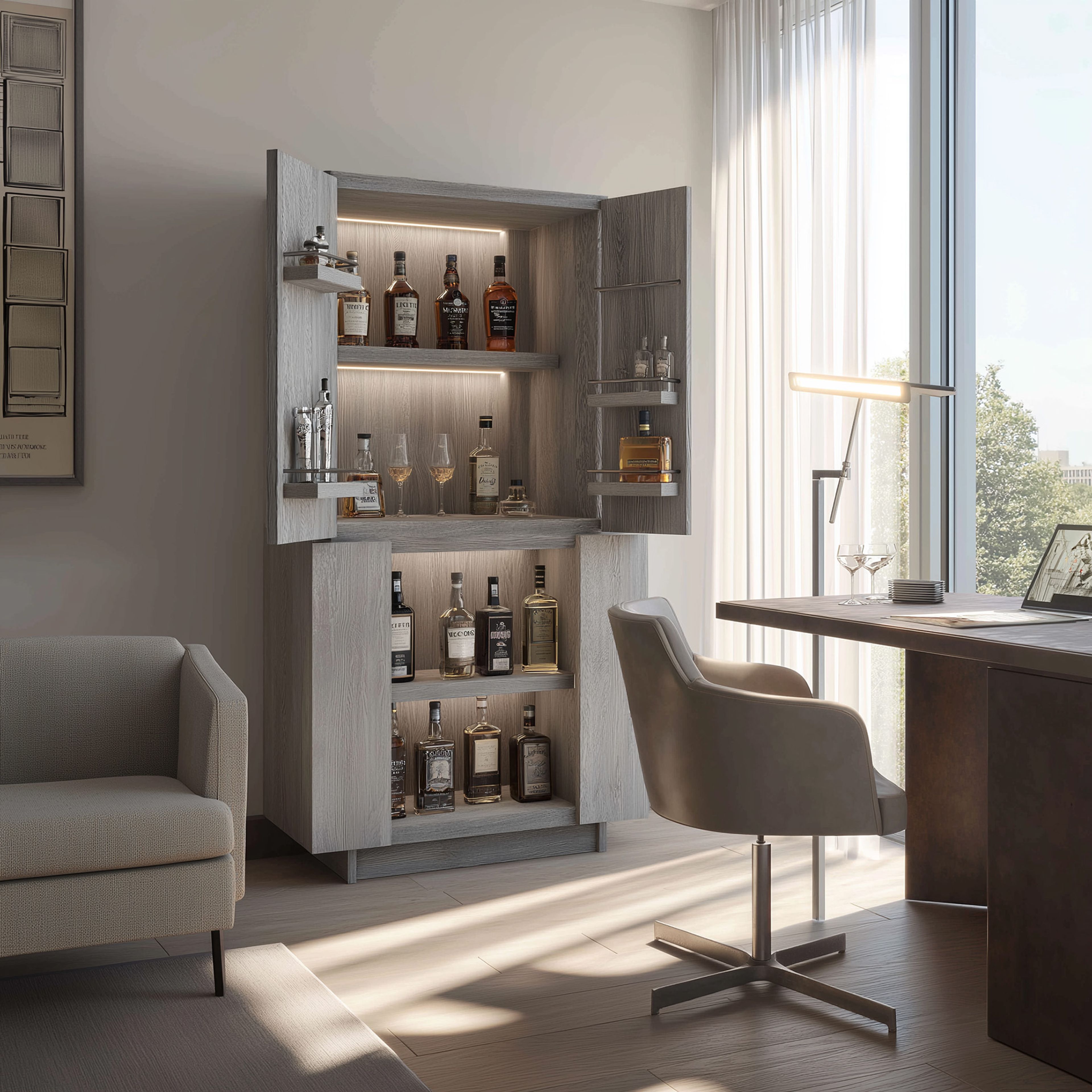 Minimal Light Grey Home Bar Design with Door-Mounted Racks and Open Shelves